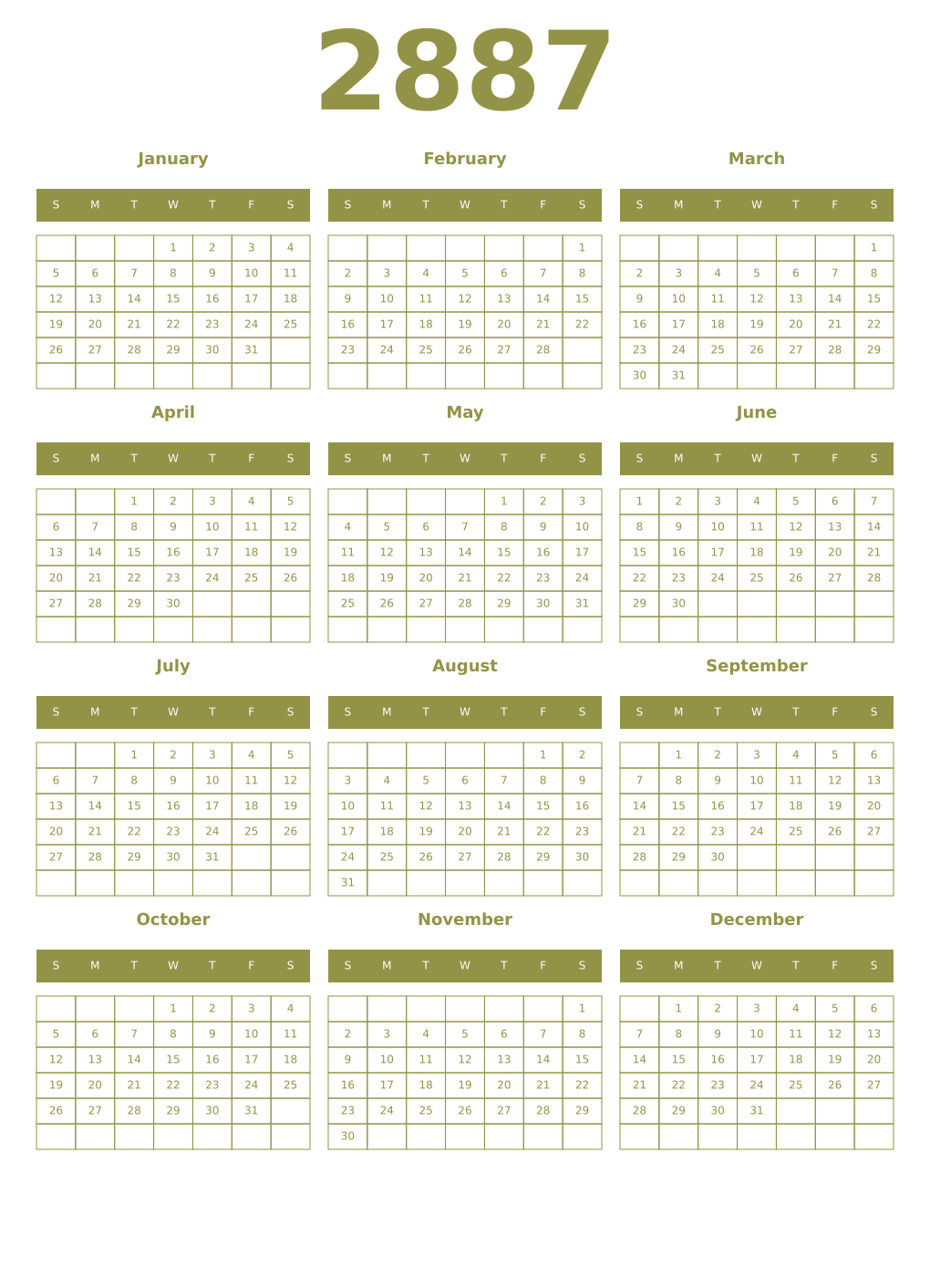Printable 2887 Year Calendars eburnean