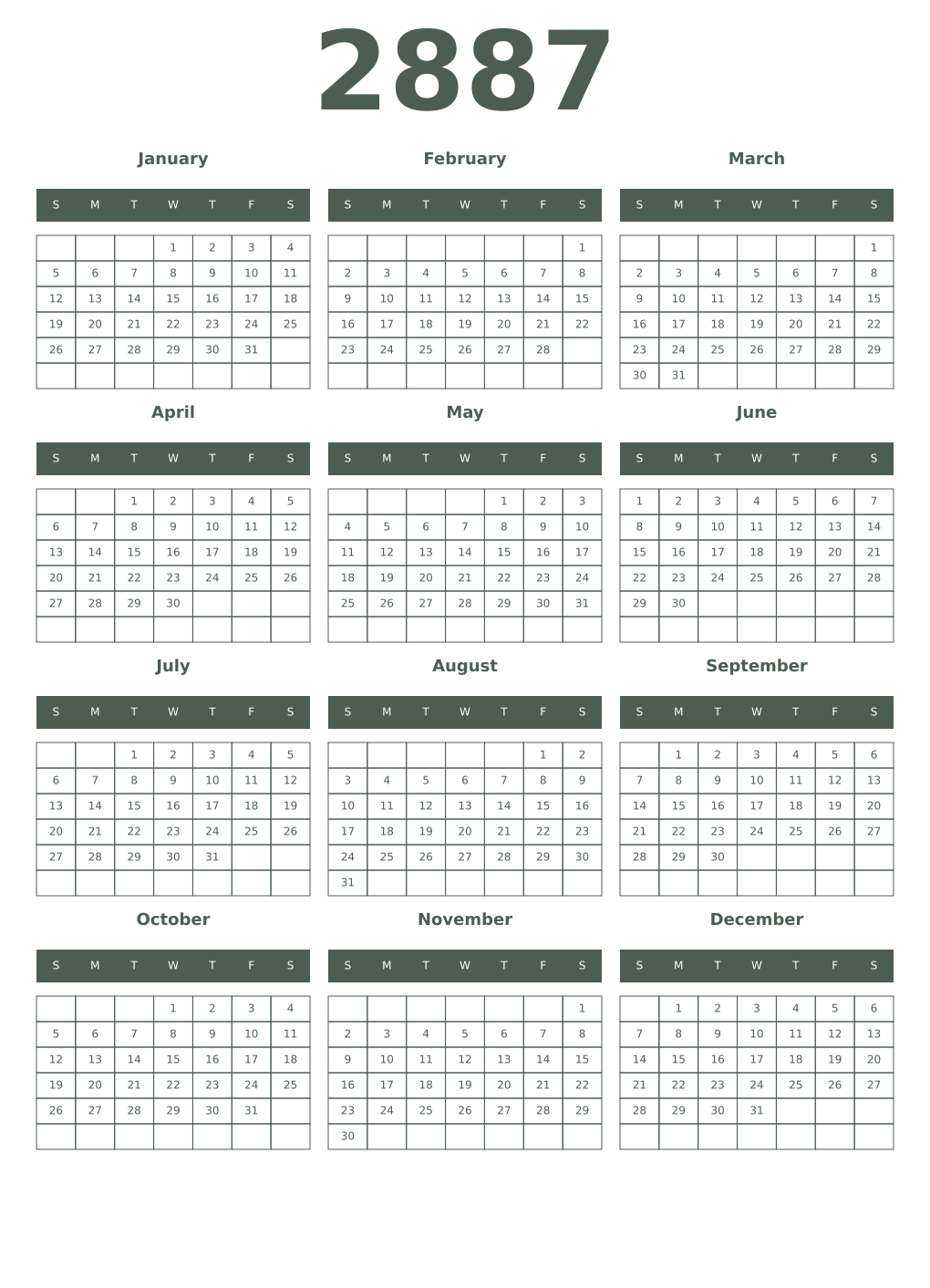 Printable 2887 Year Calendars feldgrau
