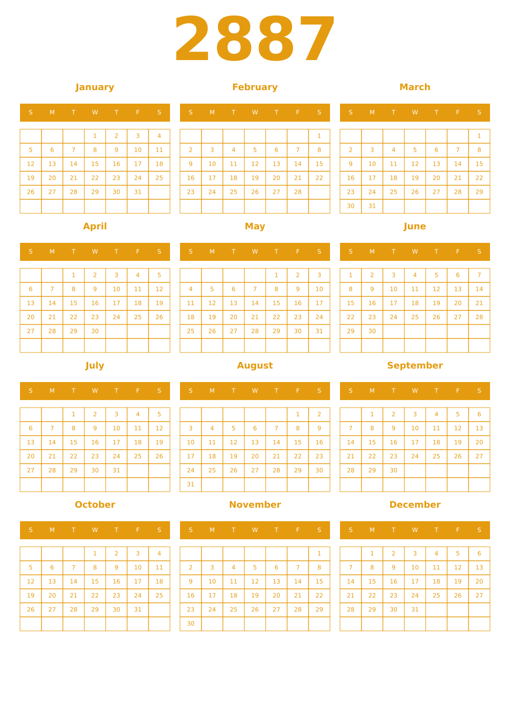 Printable 2887 Year Calendars gamboge