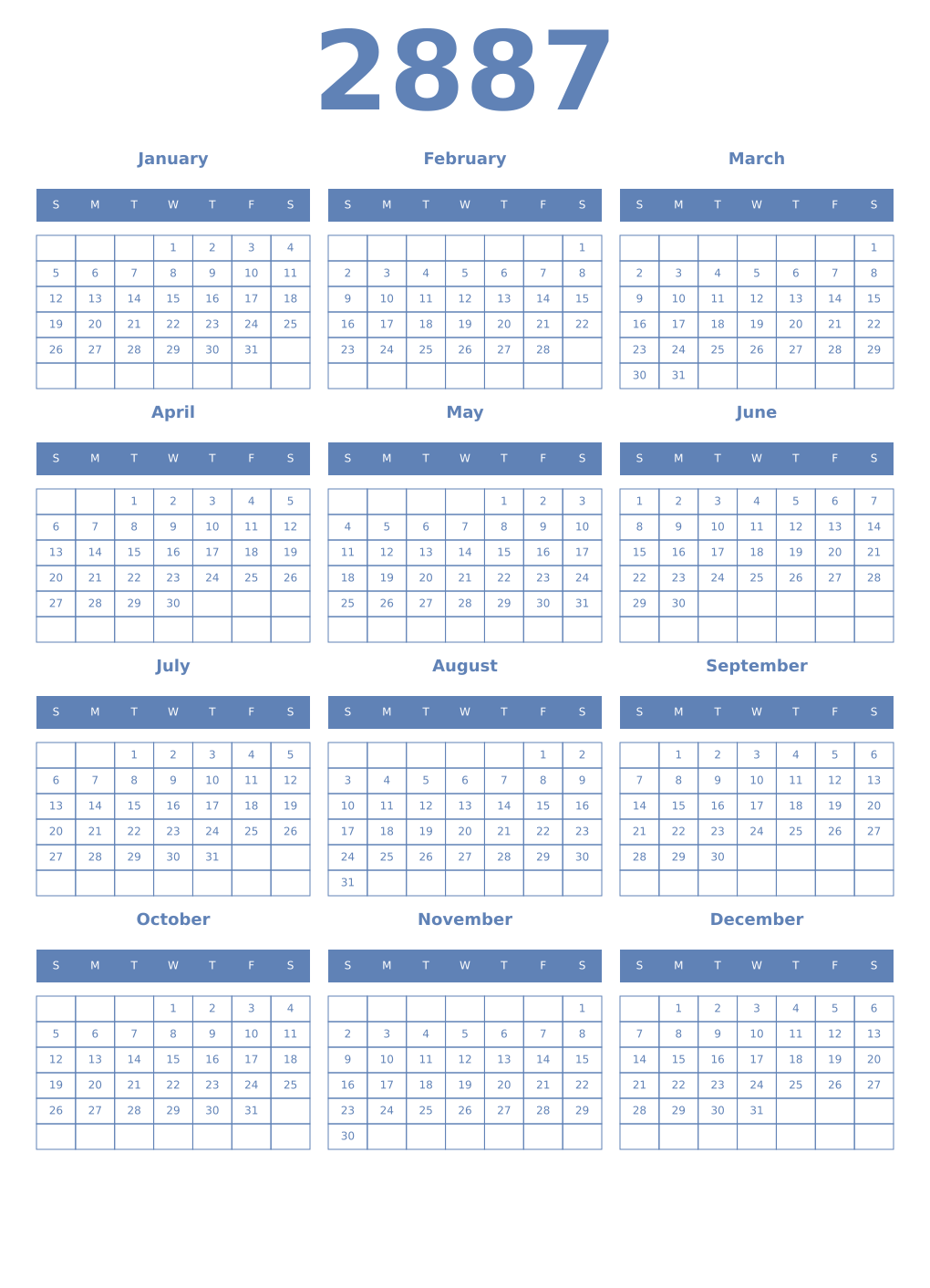 Printable 2887 Year Calendars glaucous