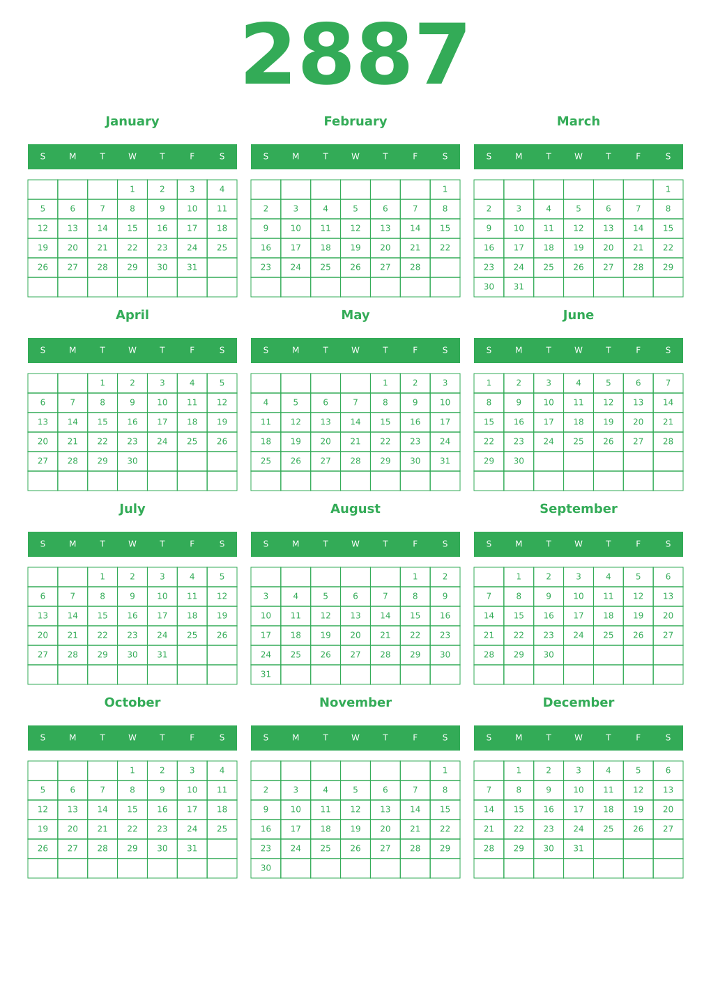 Printable 2887 Year Calendars green