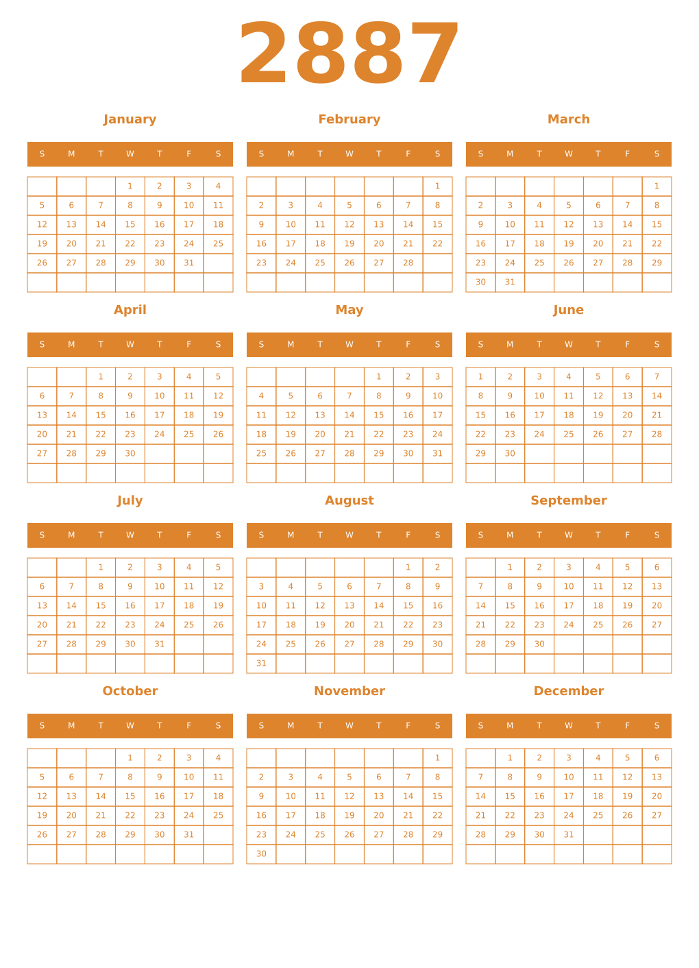 Printable 2887 Year Calendars orange
