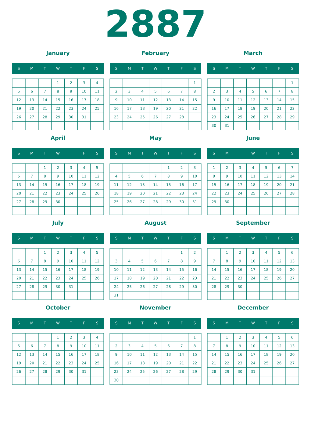 Printable 2887 Year Calendars pastel