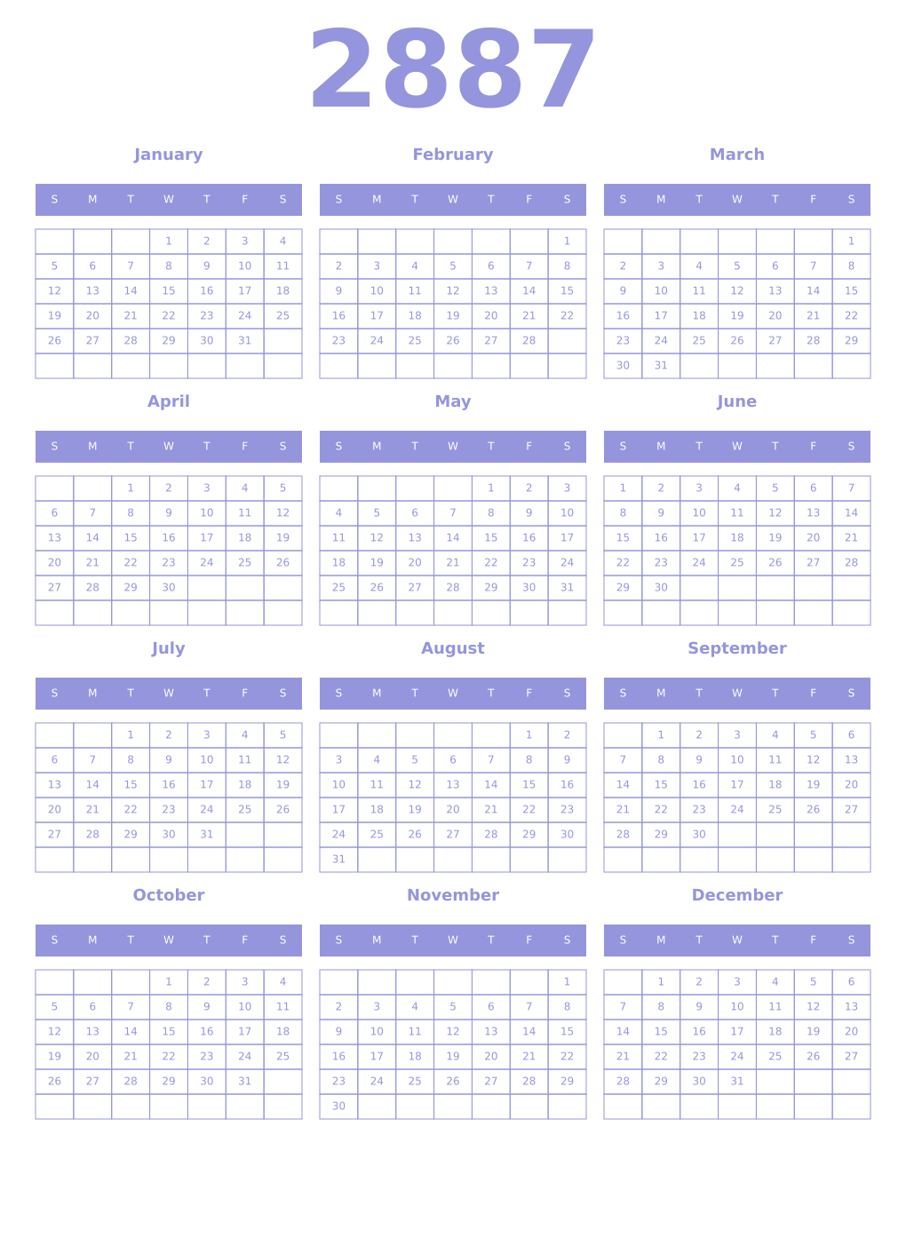 Printable 2887 Year Calendars periwinkle