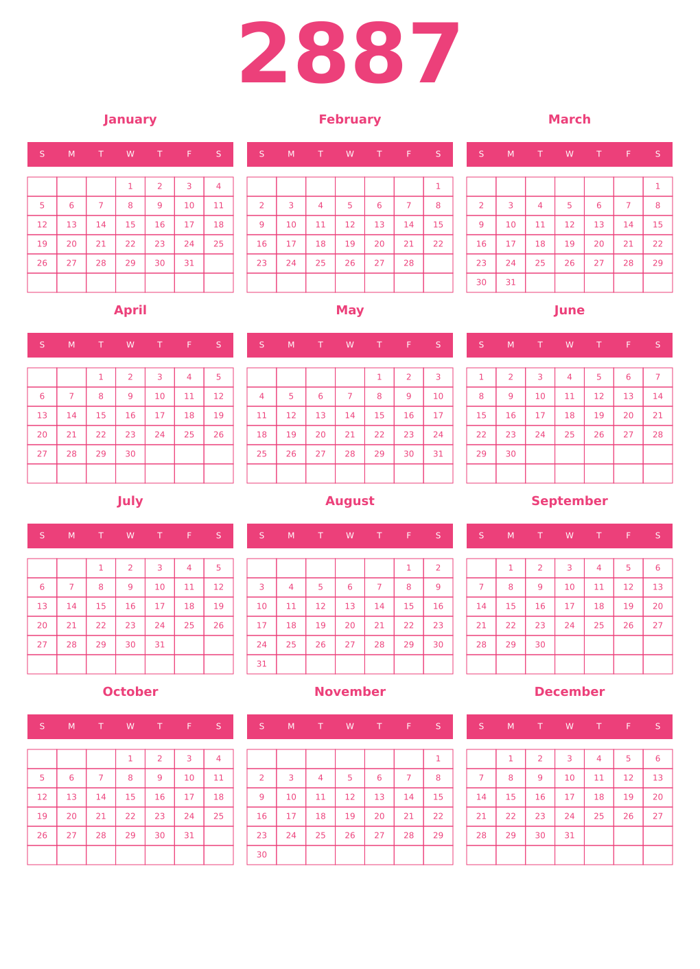 Printable 2887 Year Calendars pink