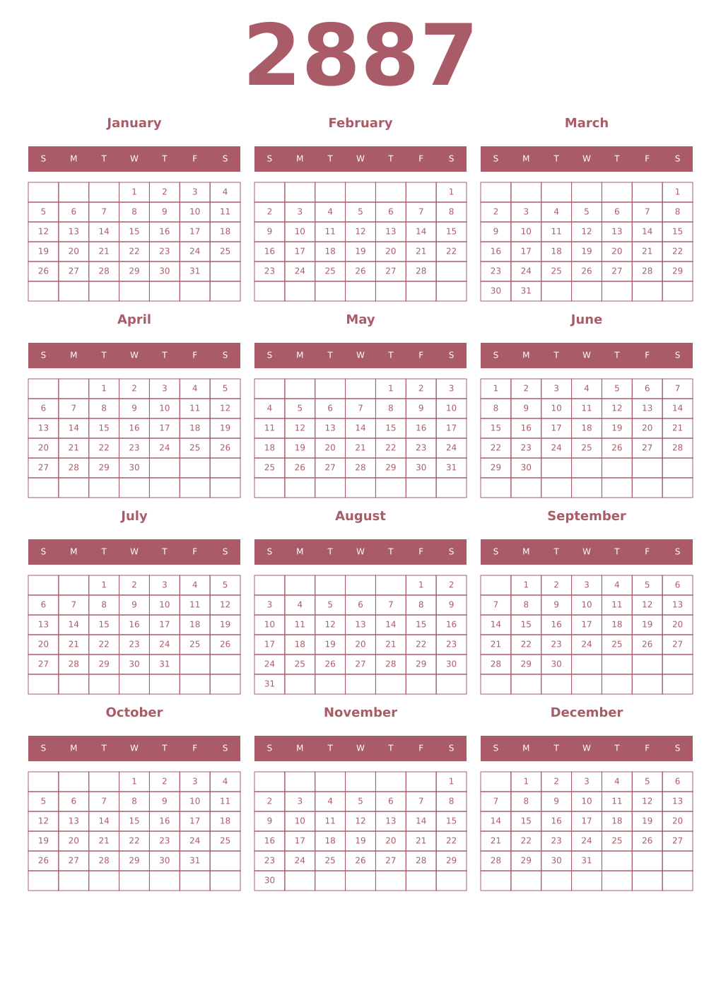 Printable 2887 Year Calendars puce