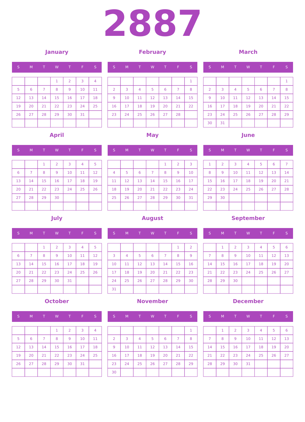 Printable 2887 Year Calendars purple