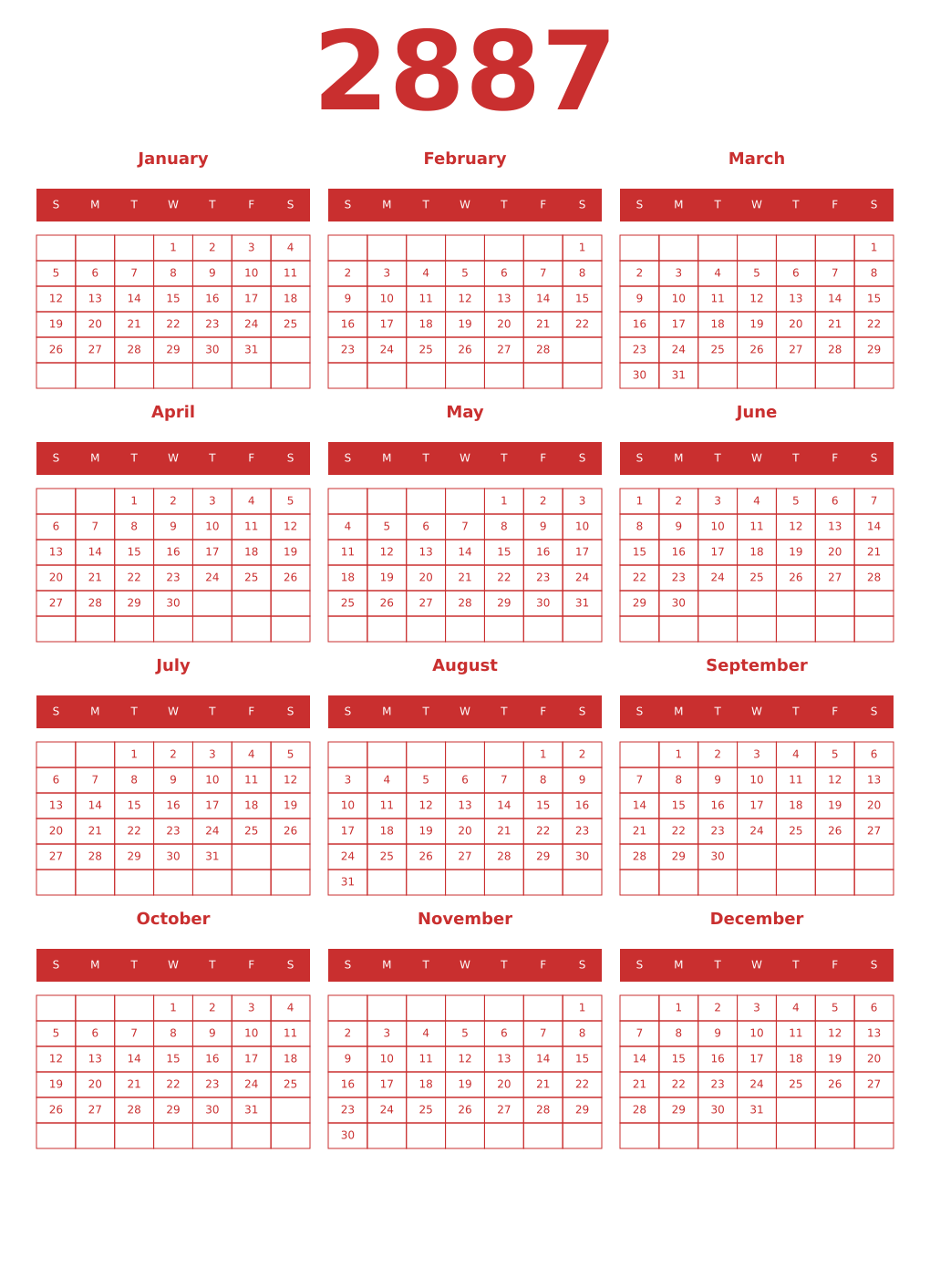 Printable 2887 Year Calendars red