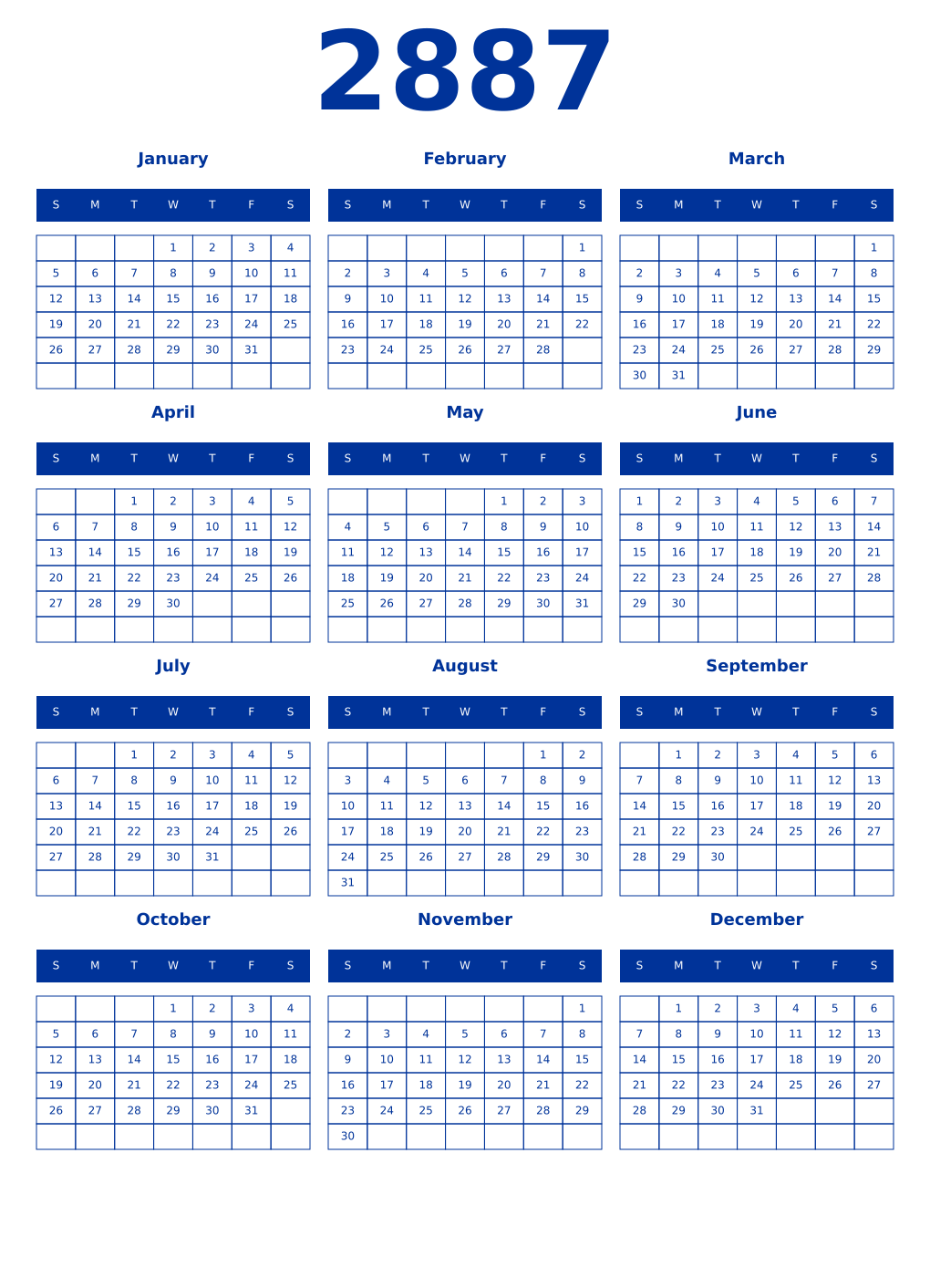 Printable 2887 Year Calendars smalt
