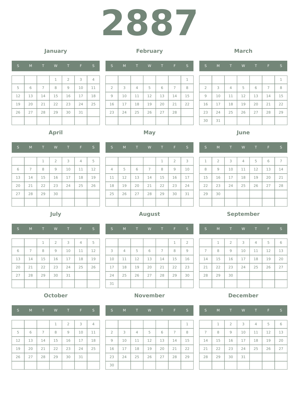 Printable 2887 Year Calendars xanadu