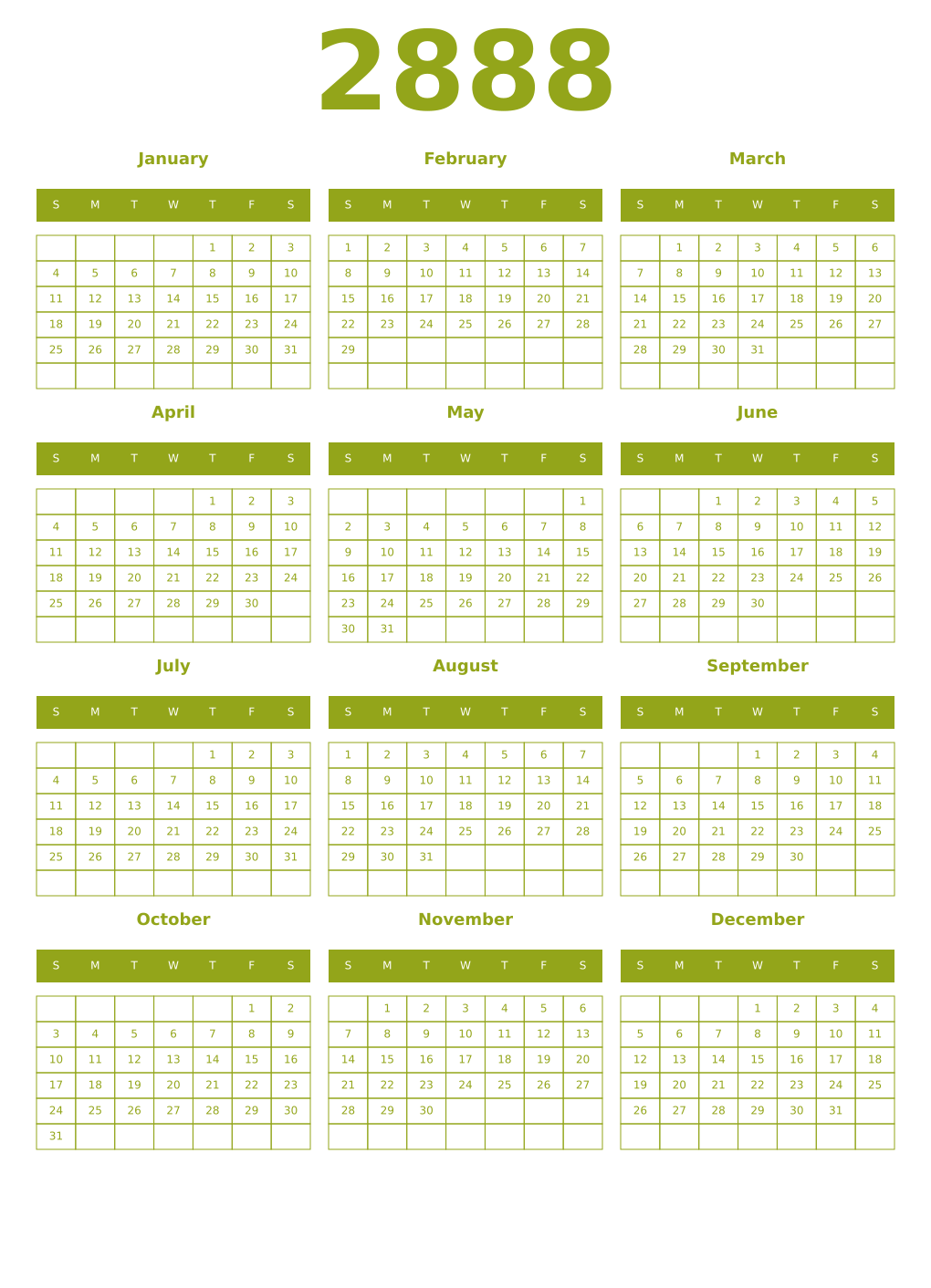 Printable 2888 Year Calendars chartreuse