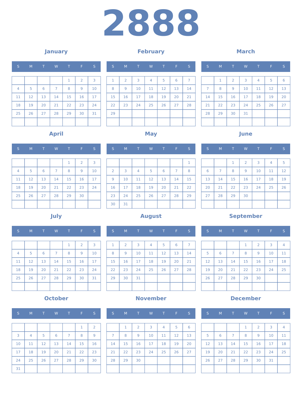 Printable 2888 Year Calendars glaucous
