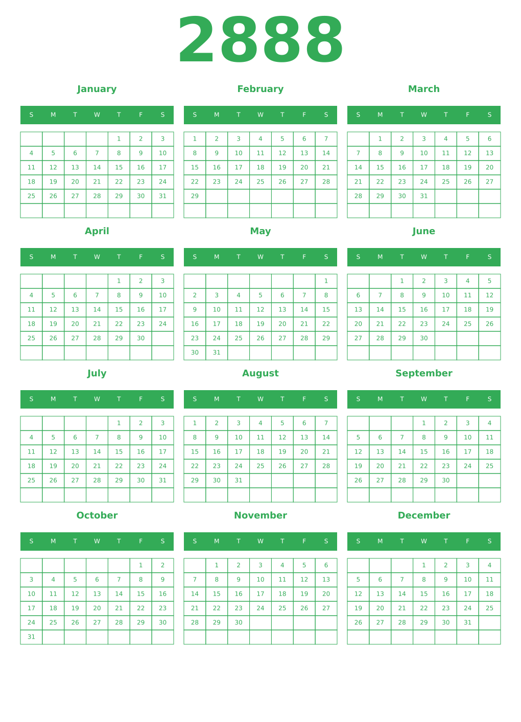 Printable 2888 Year Calendars green