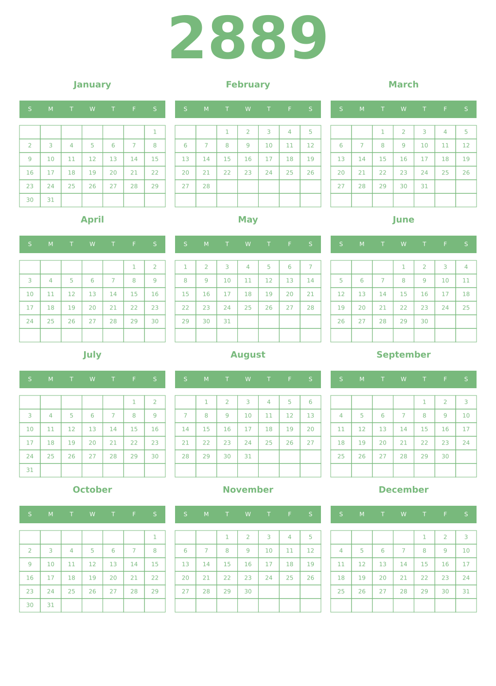 Printable 2889 Year Calendars celadon