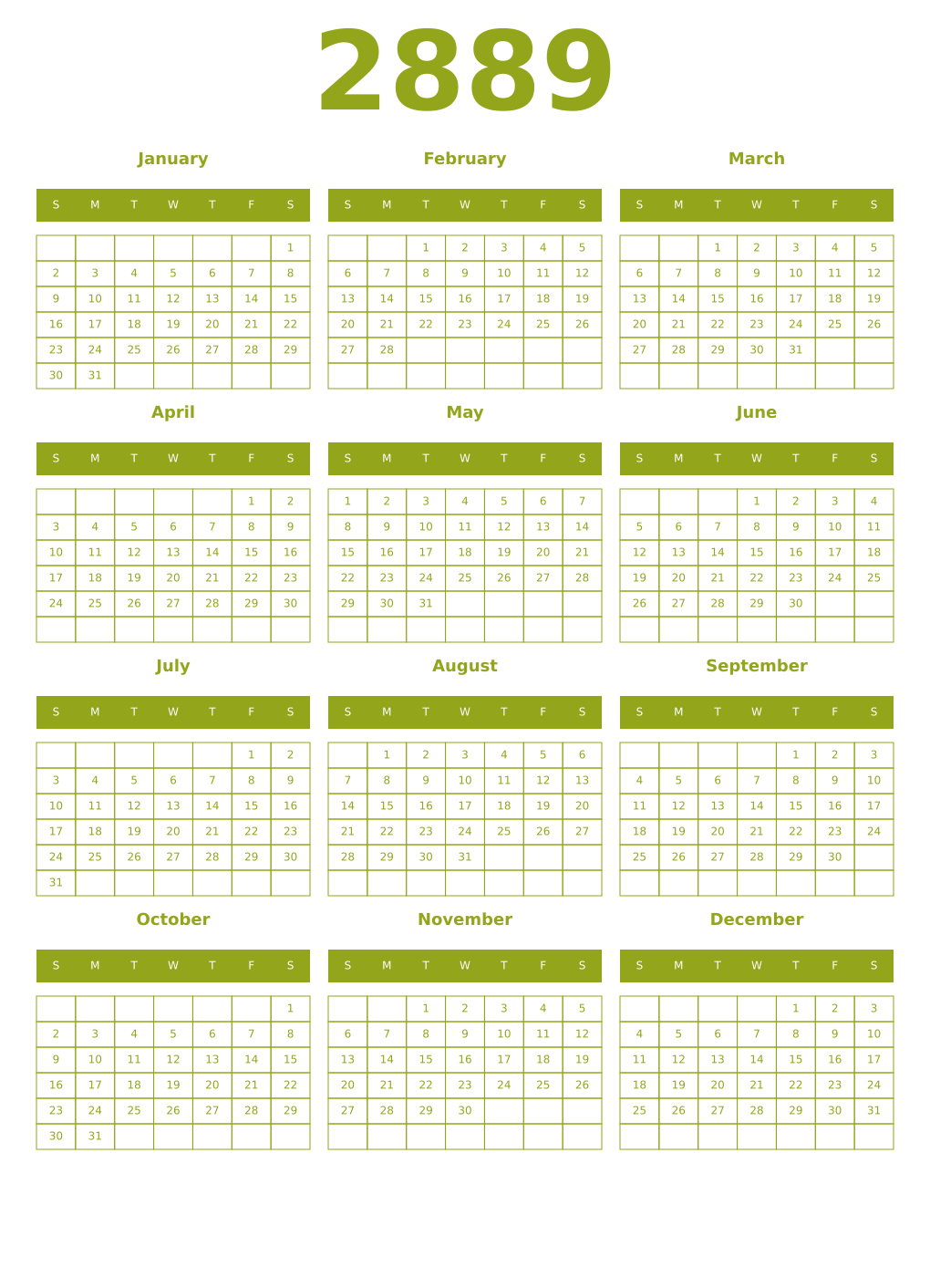 Printable 2889 Year Calendars chartreuse