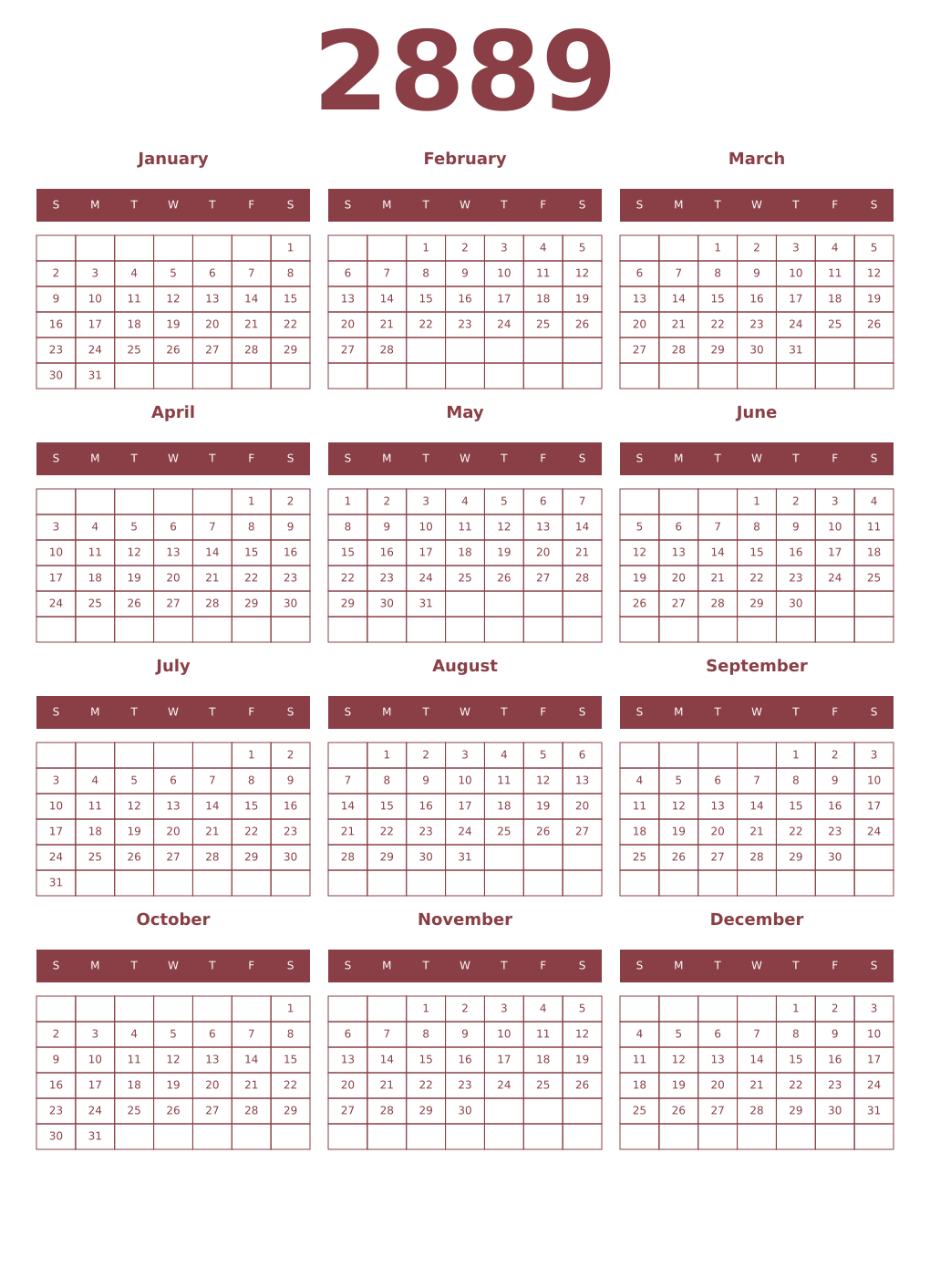 Printable 2889 Year Calendars cordovan
