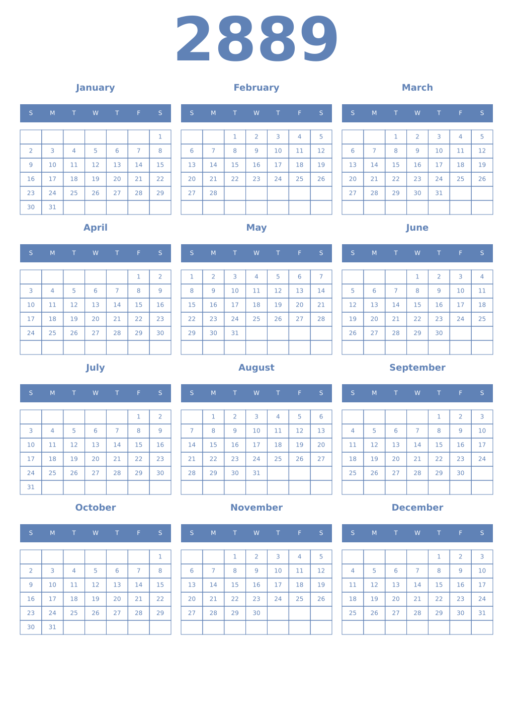 Printable 2889 Year Calendars glaucous