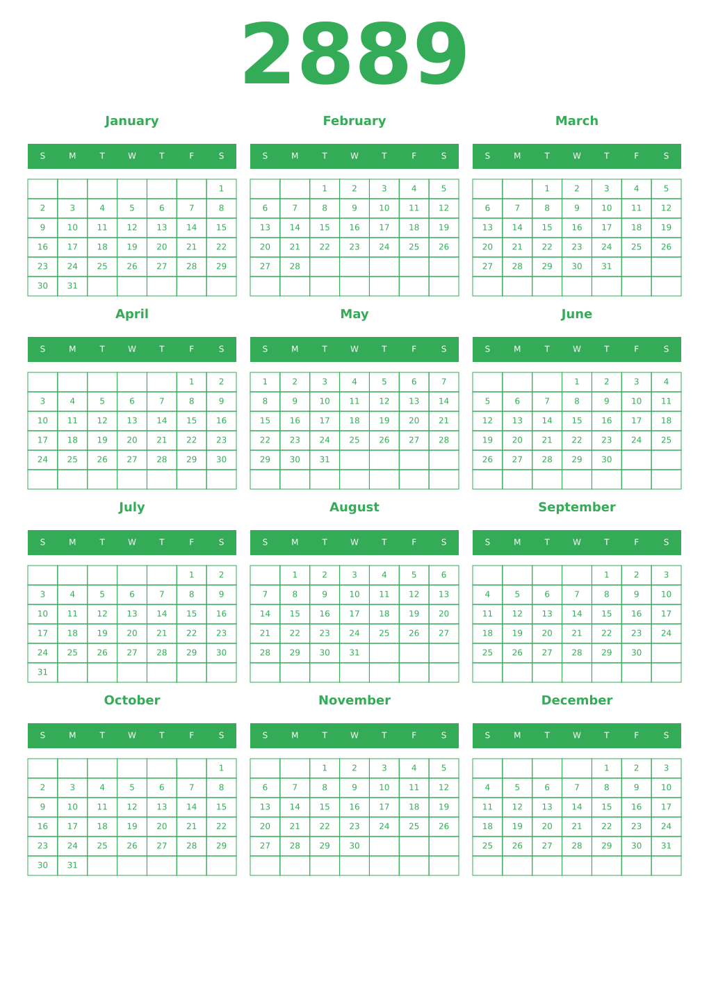 Printable 2889 Year Calendars green