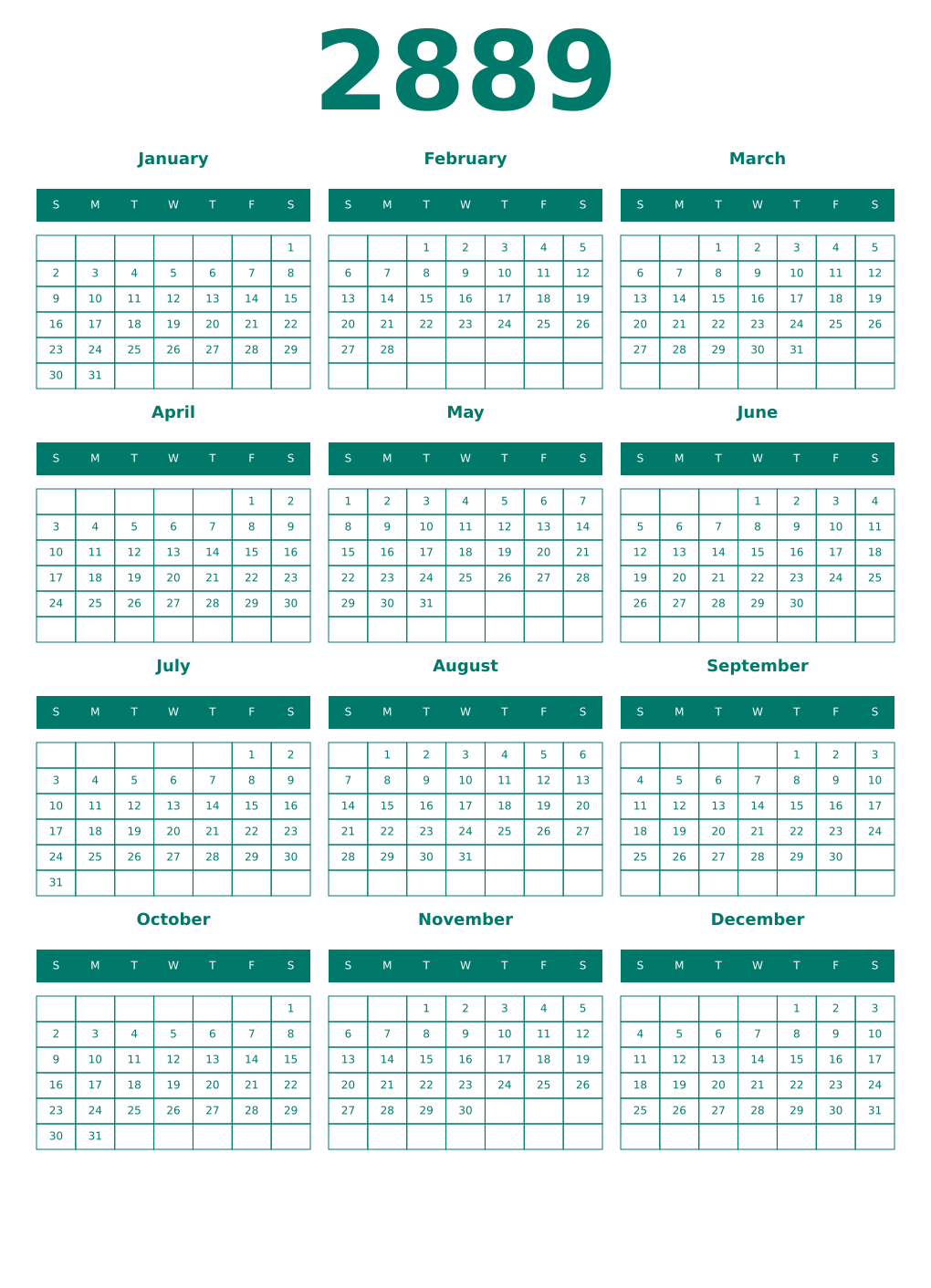 Printable 2889 Year Calendars pastel