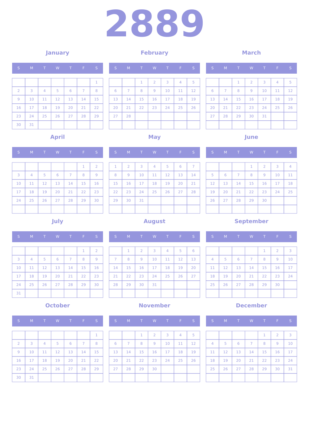 Printable 2889 Year Calendars periwinkle