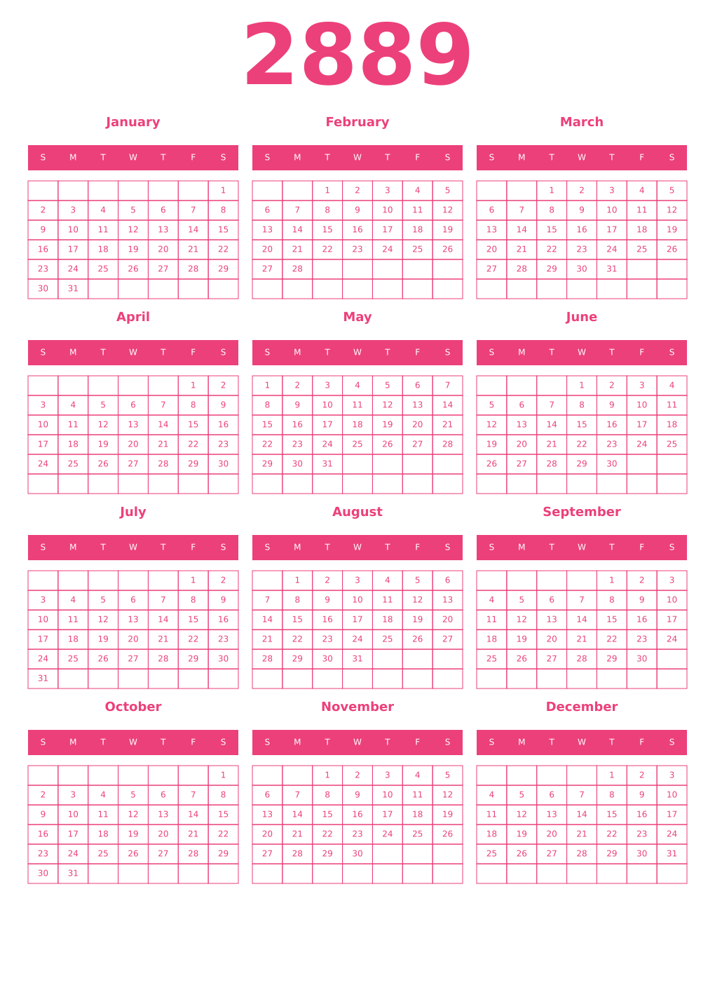Printable 2889 Year Calendars pink