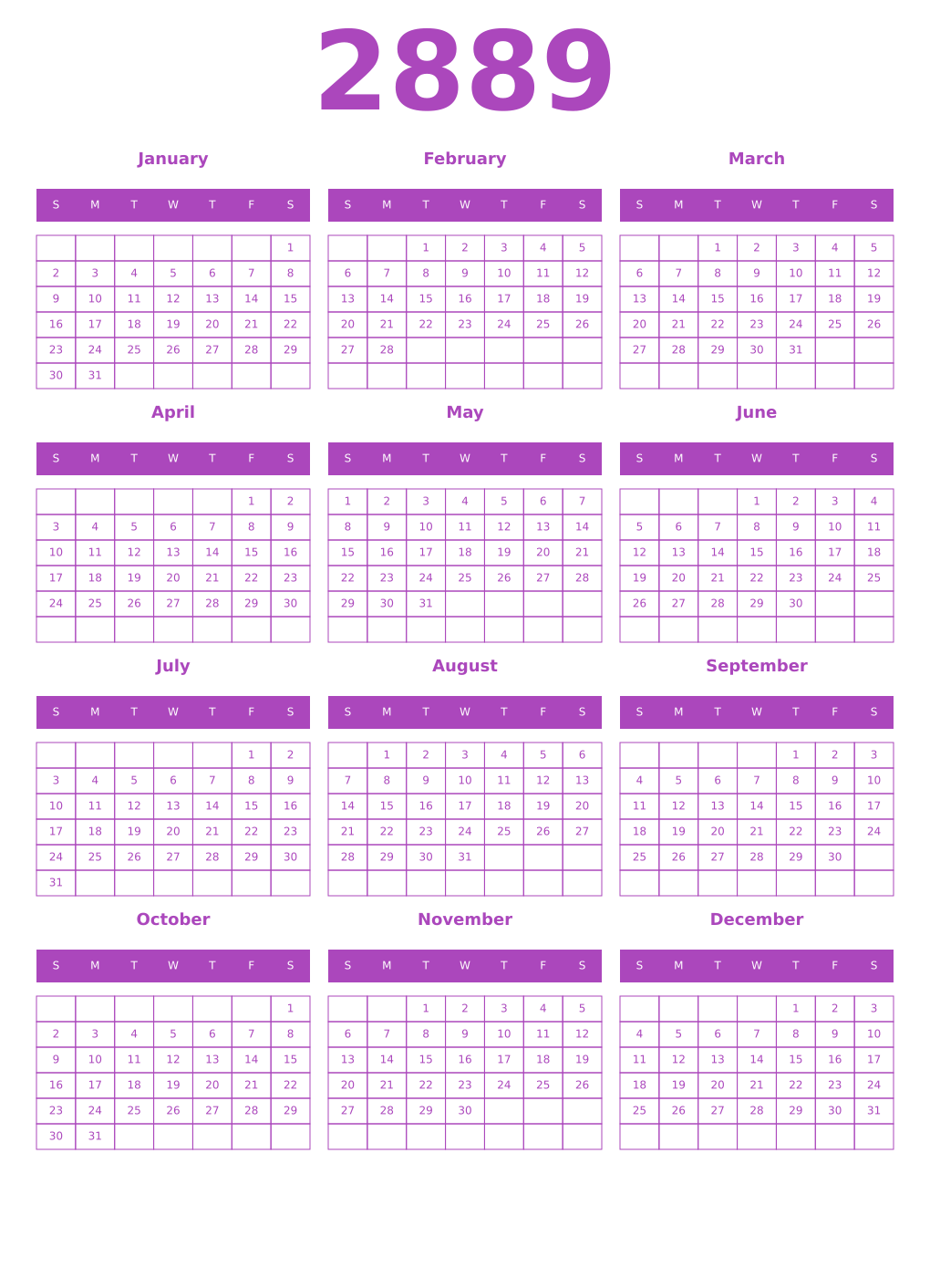 Printable 2889 Year Calendars purple