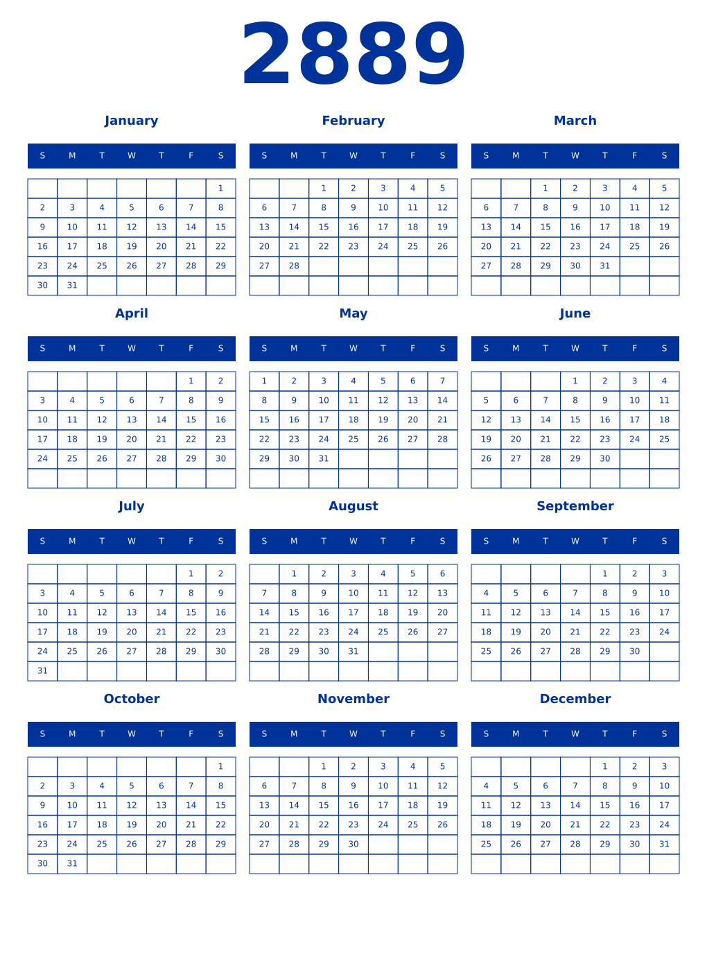 Printable 2889 Year Calendars smalt