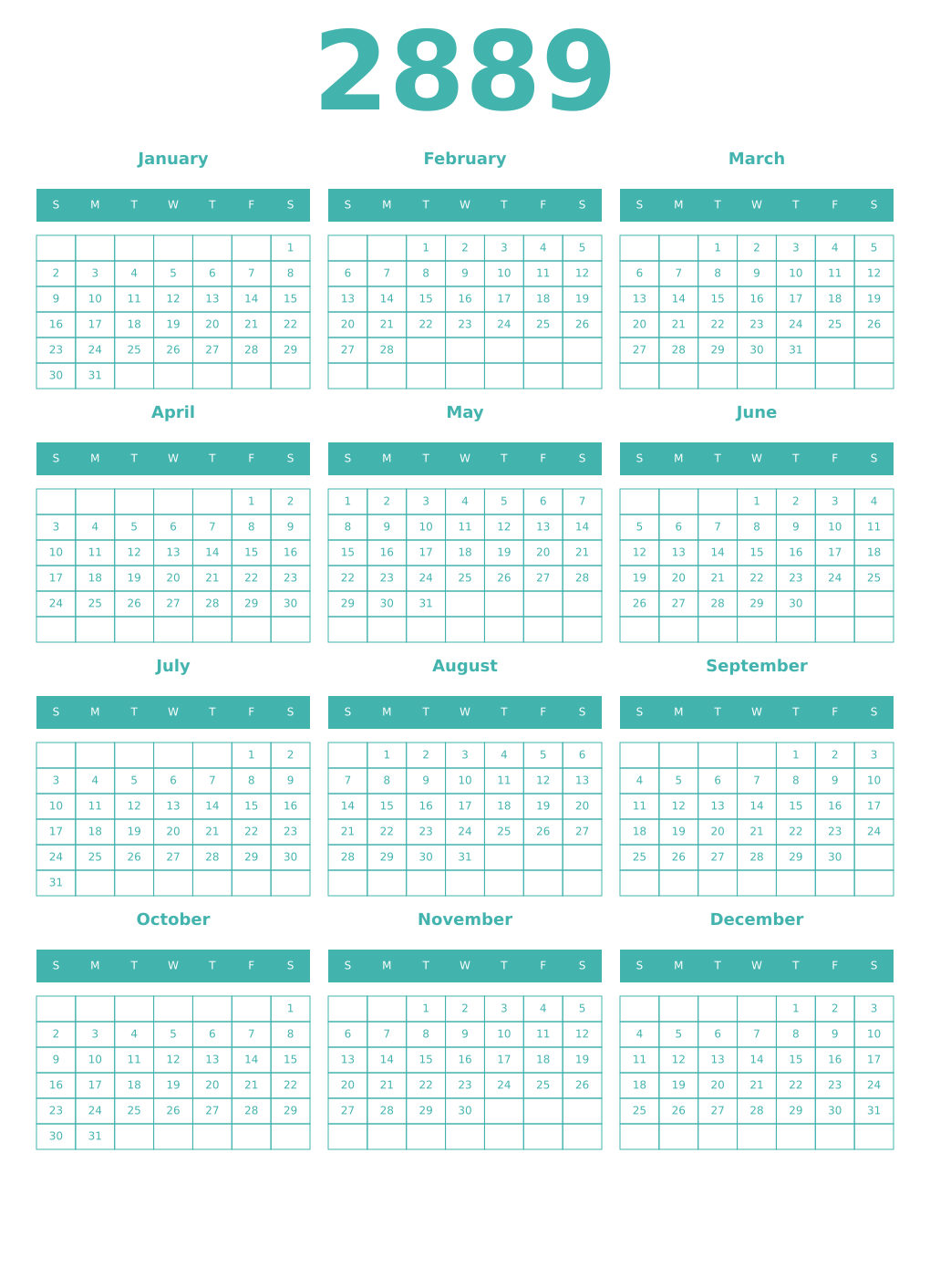 Printable 2889 Year Calendars verdigris