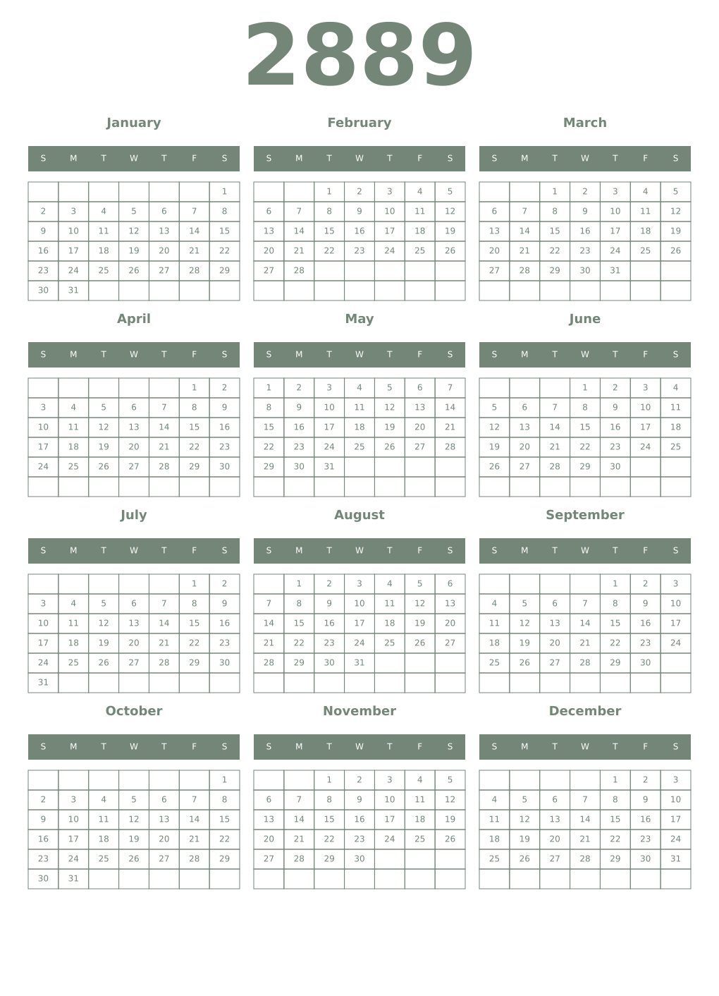 Printable 2889 Year Calendars xanadu