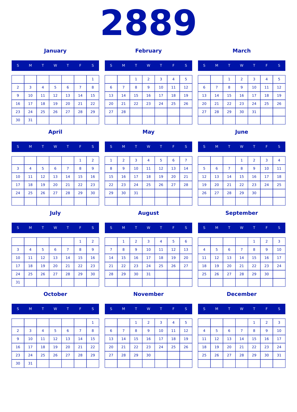 Printable 2889 Year Calendars zaffre