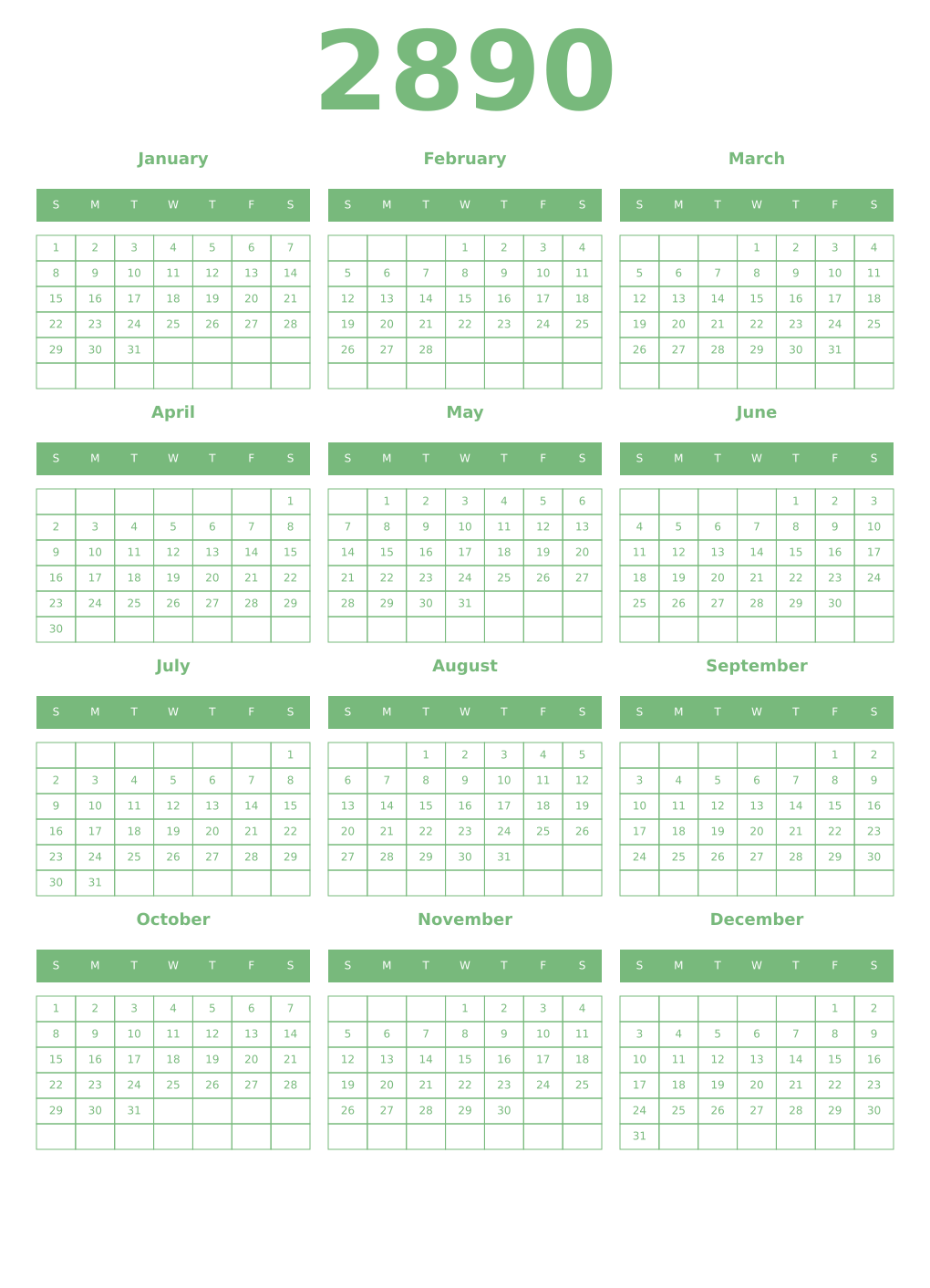 Printable 2890 Year Calendars celadon