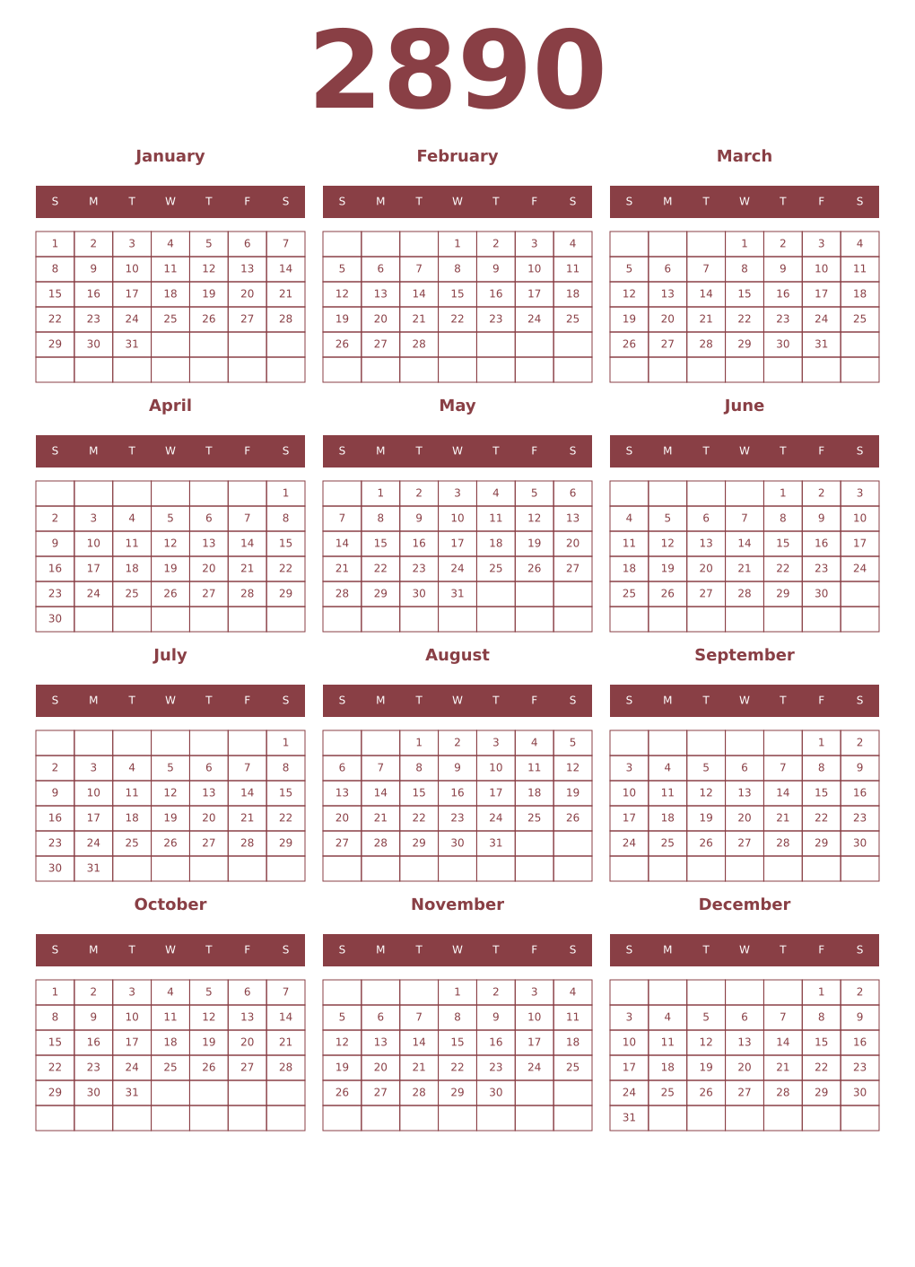 Printable 2890 Year Calendars cordovan