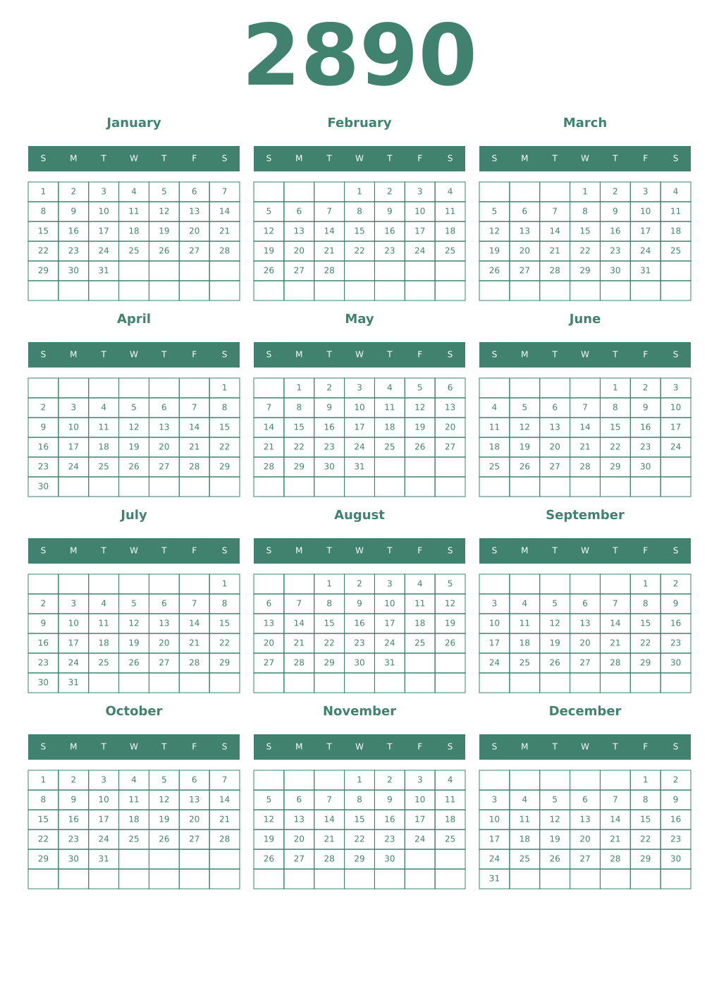 Printable 2890 Year Calendars viridian