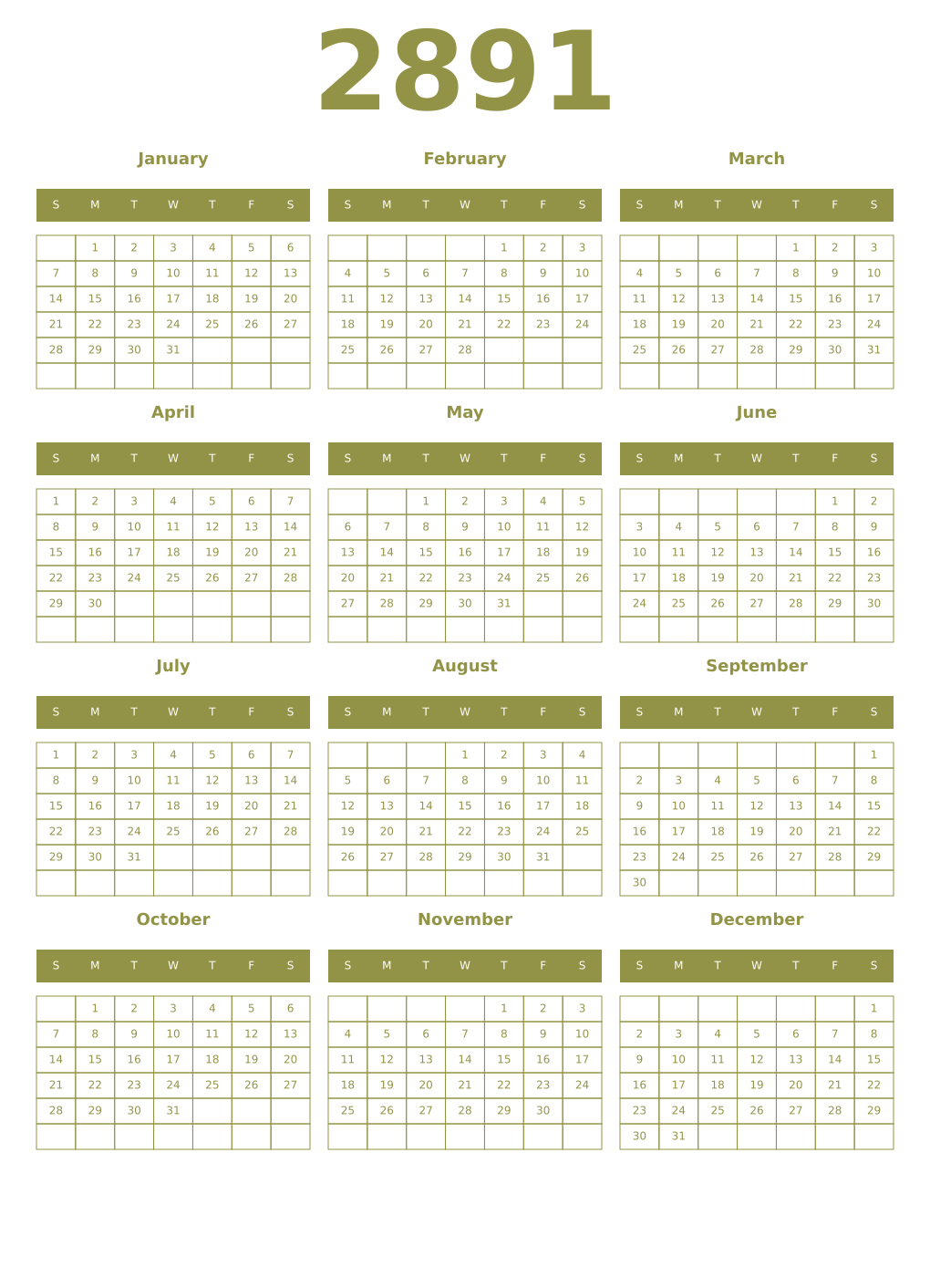 Printable 2891 Year Calendars eburnean