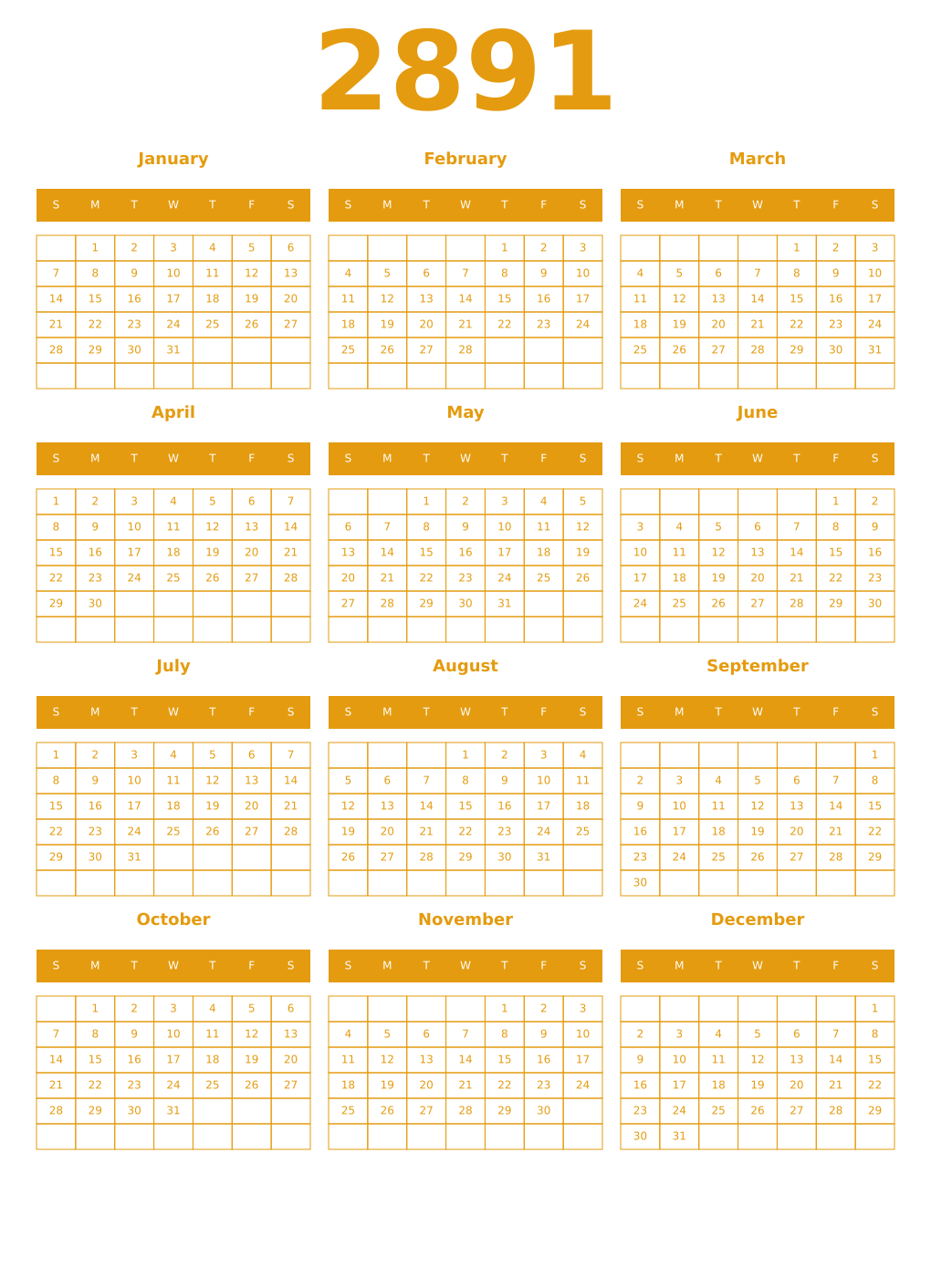 Printable 2891 Year Calendars gamboge