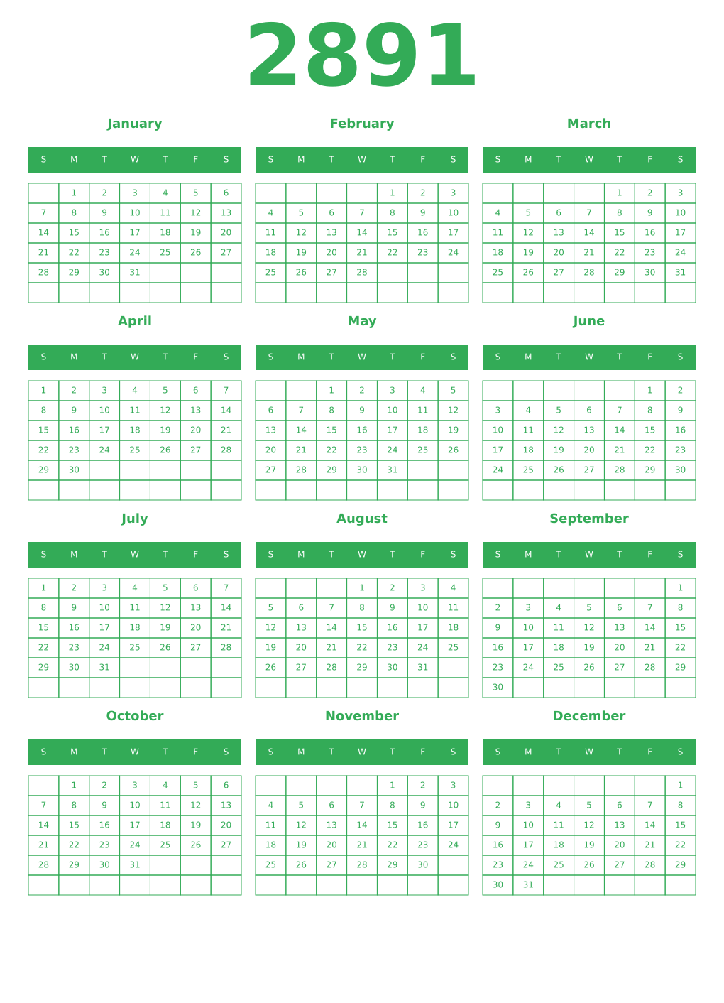 Printable 2891 Year Calendars green