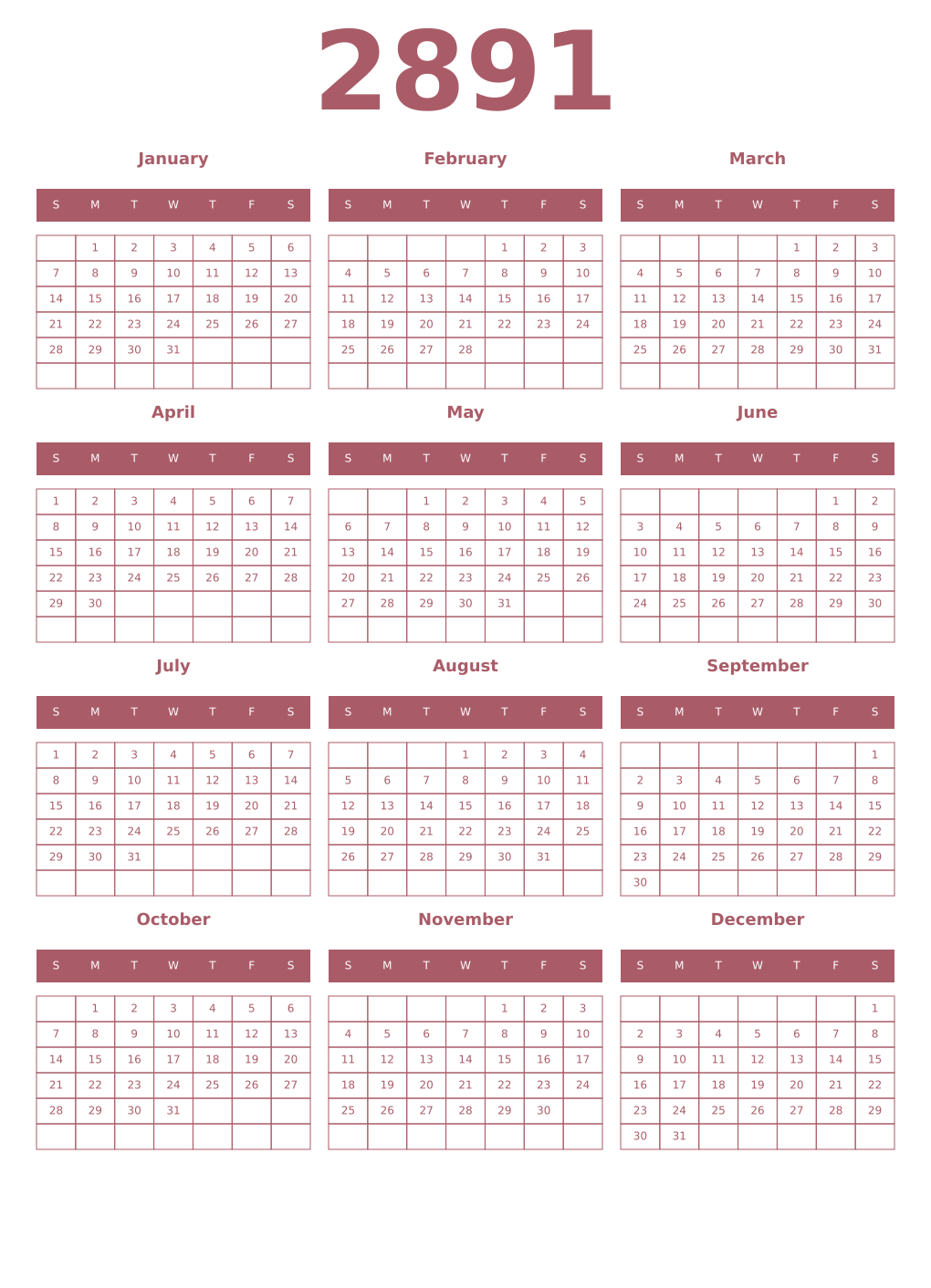 Printable 2891 Year Calendars puce
