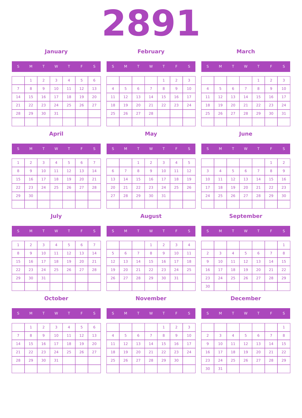 Printable 2891 Year Calendars purple