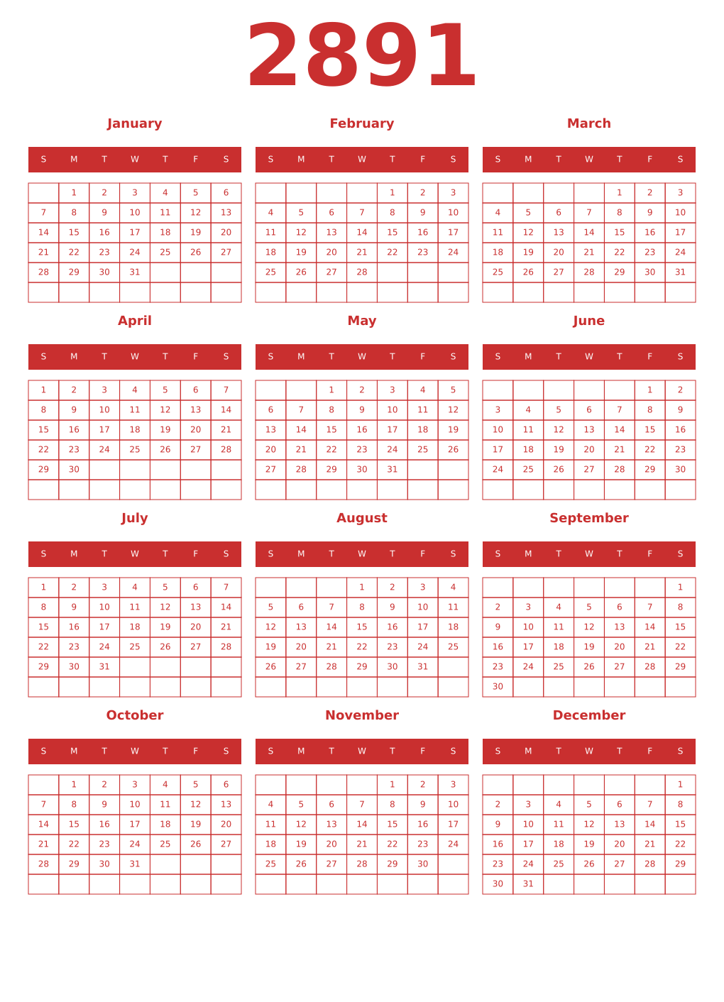 Printable 2891 Year Calendars red