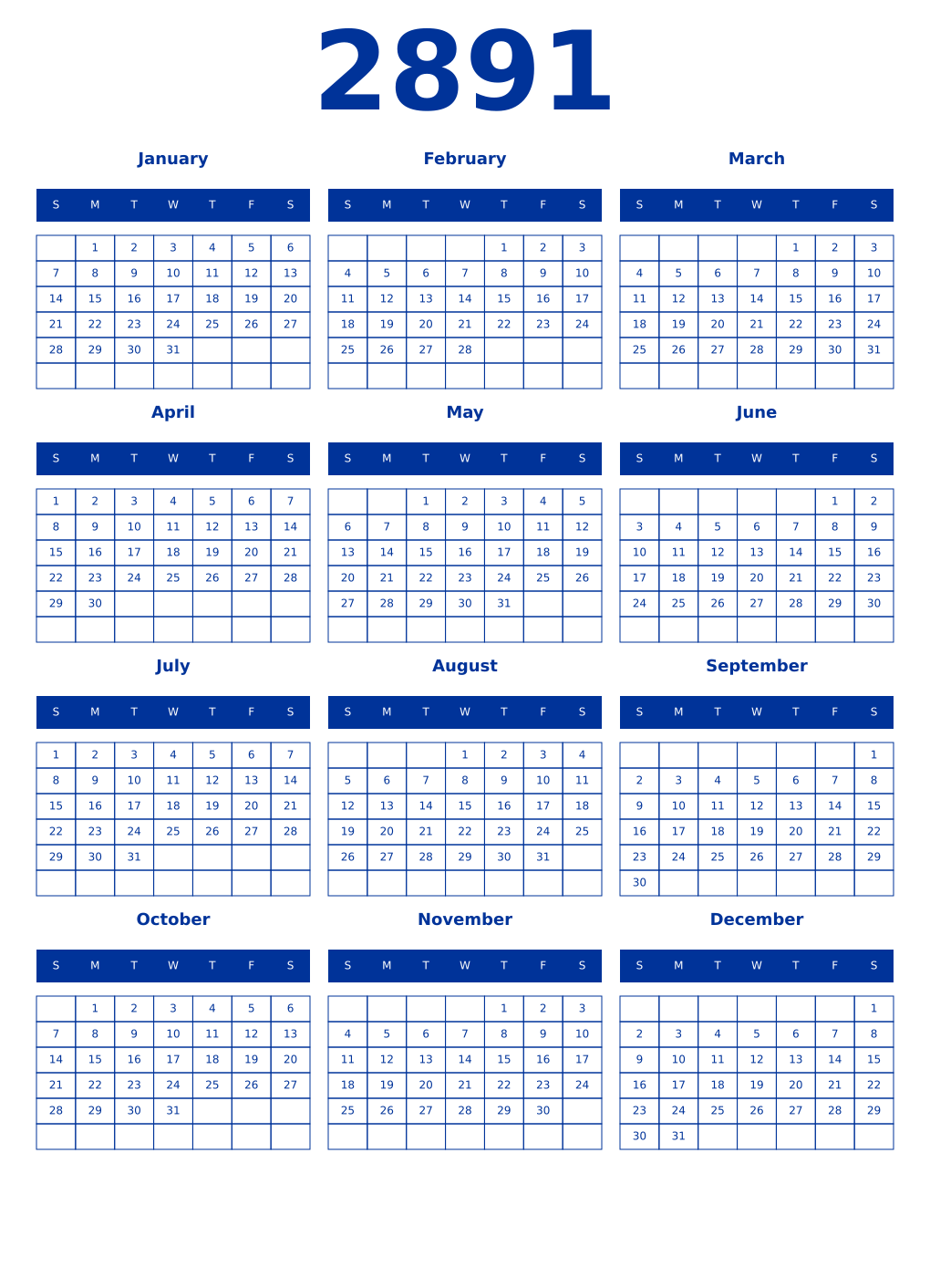 Printable 2891 Year Calendars smalt