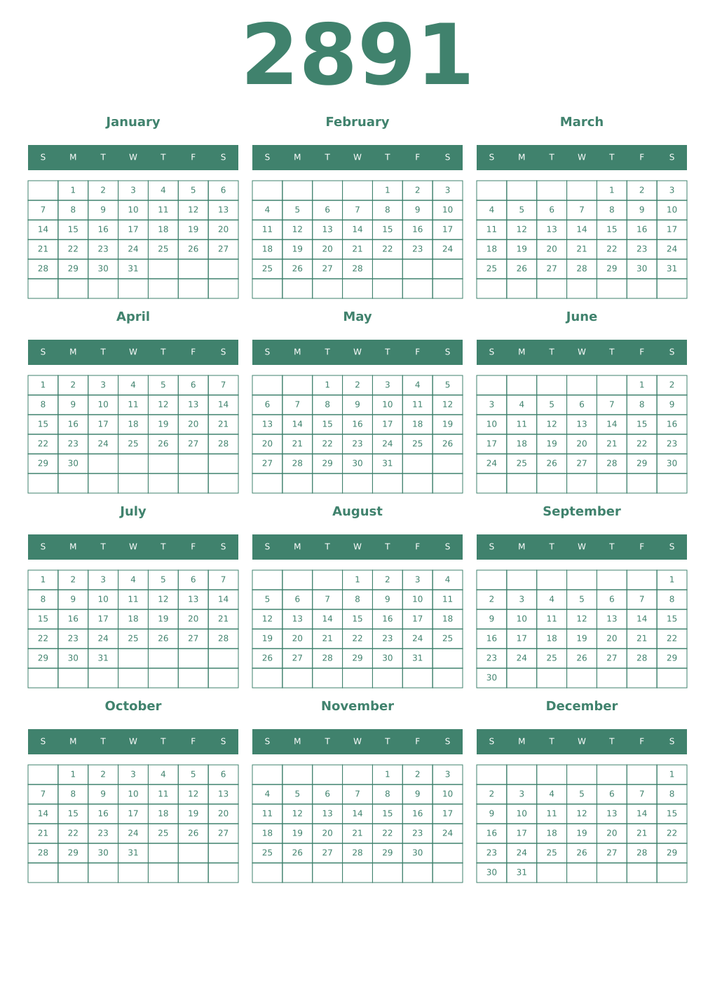 Printable 2891 Year Calendars viridian
