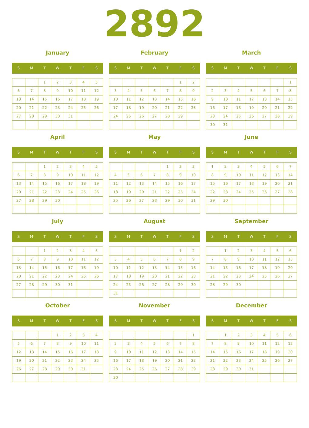 Printable 2892 Year Calendars chartreuse