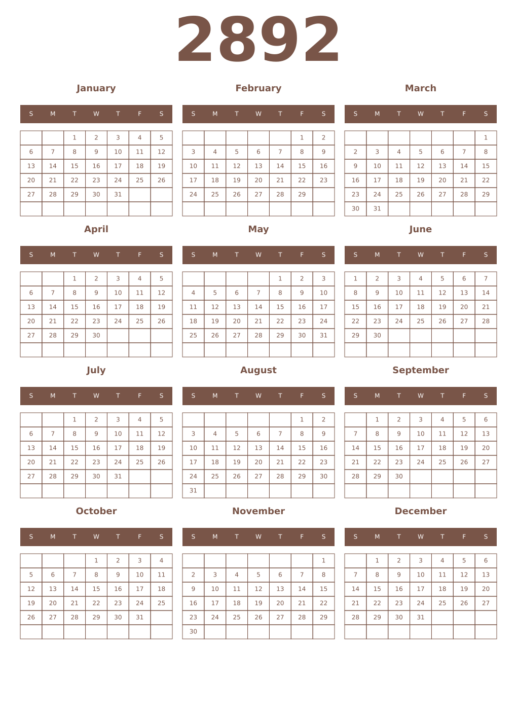Printable 2892 Year Calendars coffe