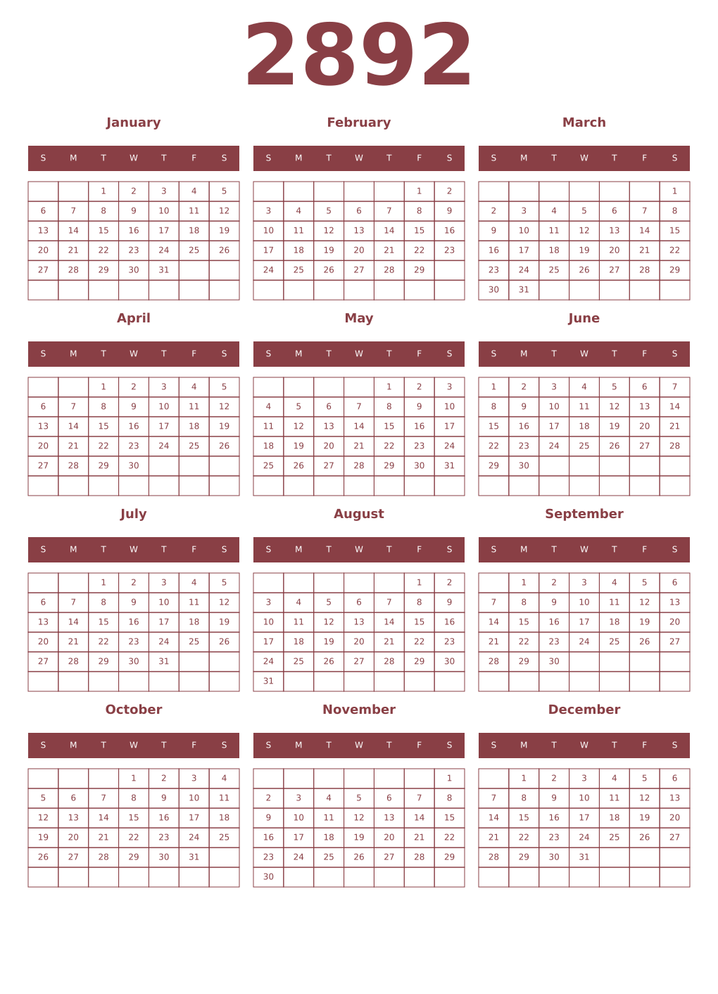 Printable 2892 Year Calendars cordovan