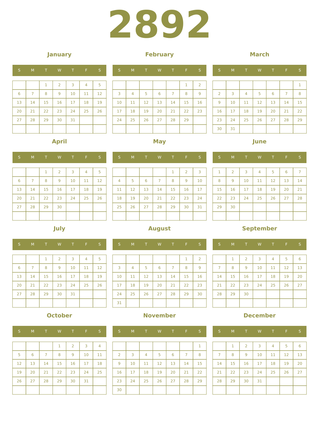 Printable 2892 Year Calendars eburnean