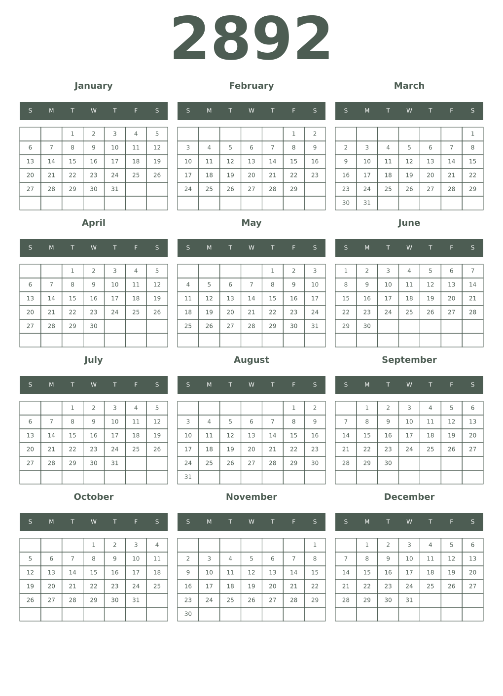 Printable 2892 Year Calendars feldgrau