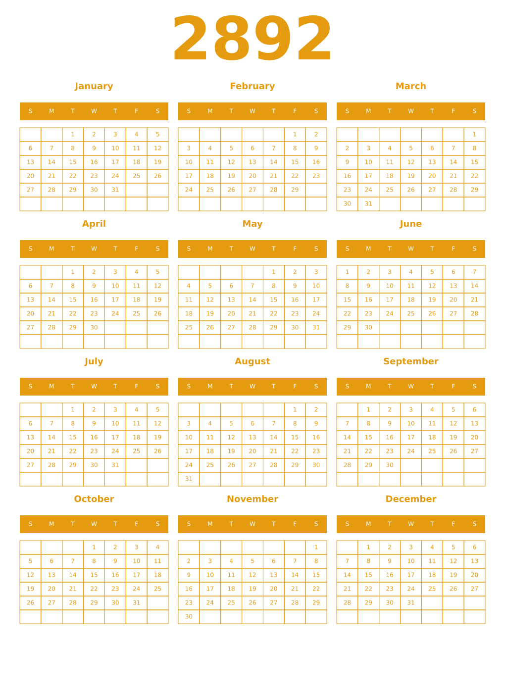 Printable 2892 Year Calendars gamboge