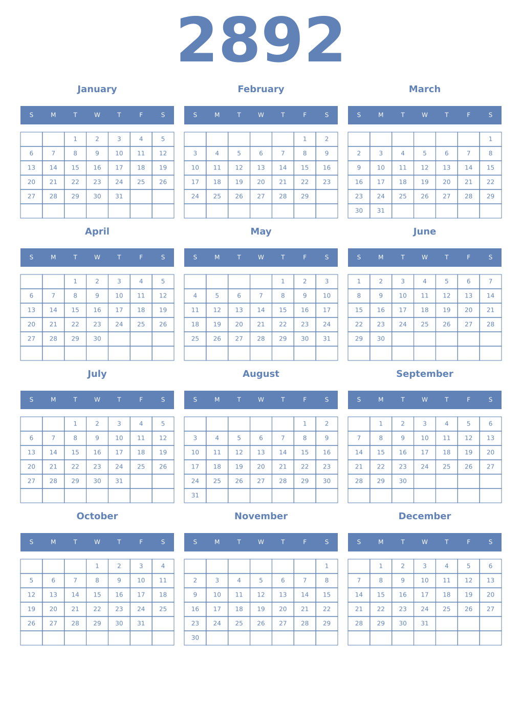 Printable 2892 Year Calendars glaucous