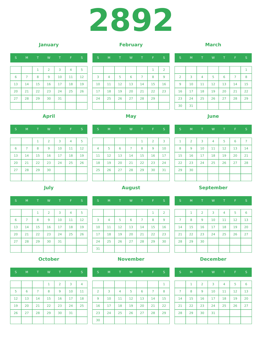 Printable 2892 Year Calendars green