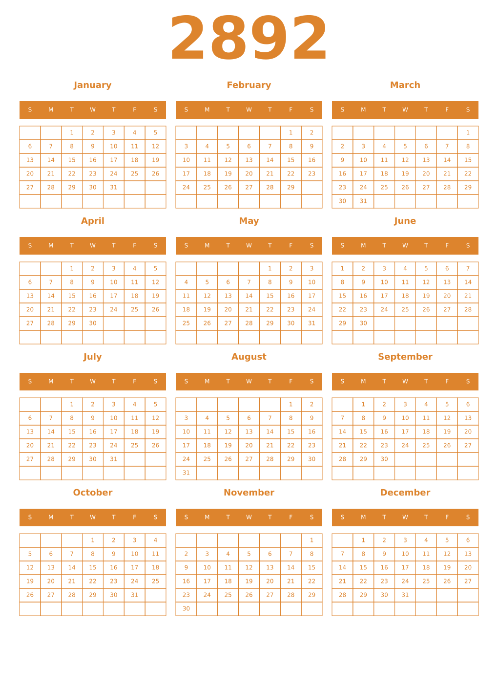 Printable 2892 Year Calendars orange